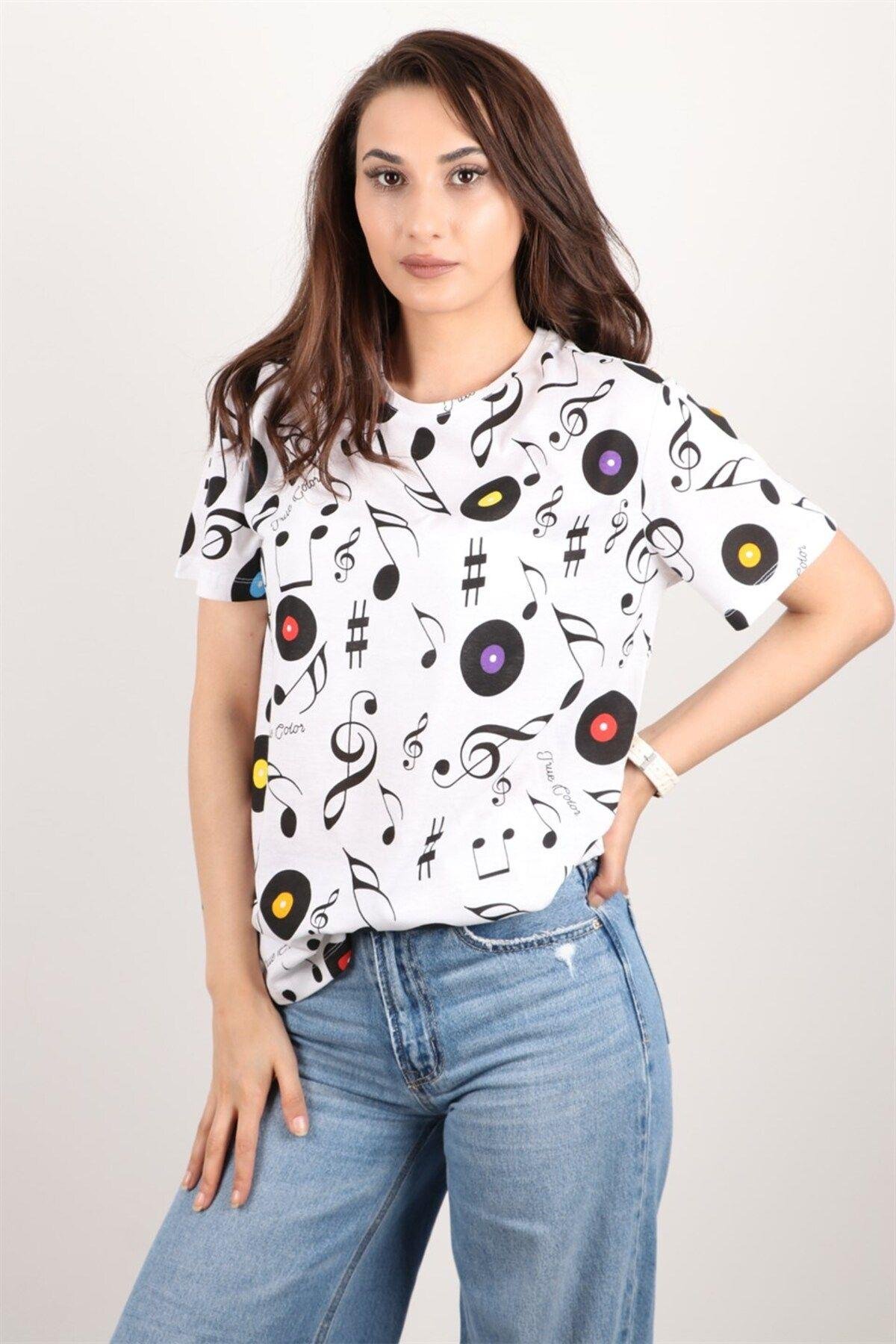 Kadın Baskılı Bisiklet Yaka Oversize T-shirt