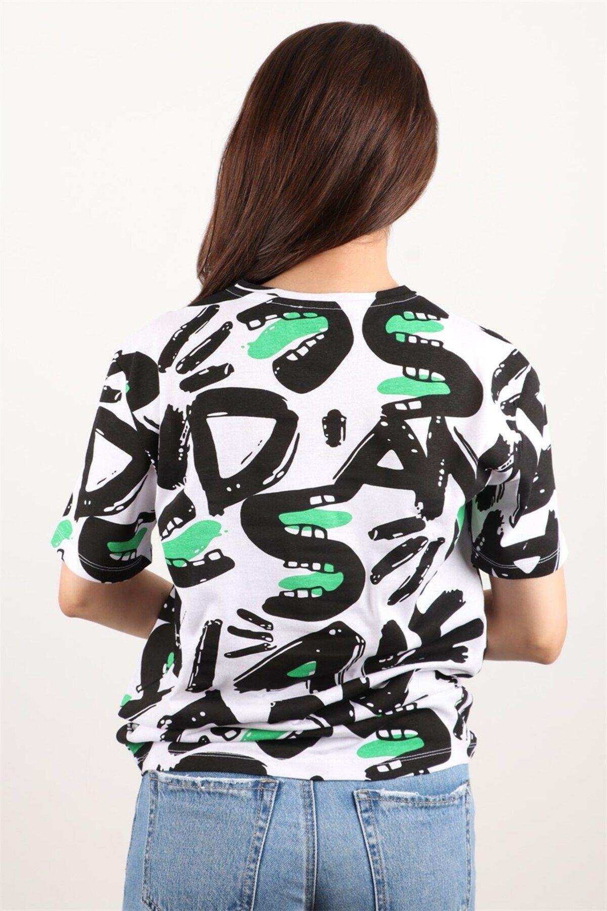 Kadın Baskılı Bisiklet Yaka Oversize T-shirt