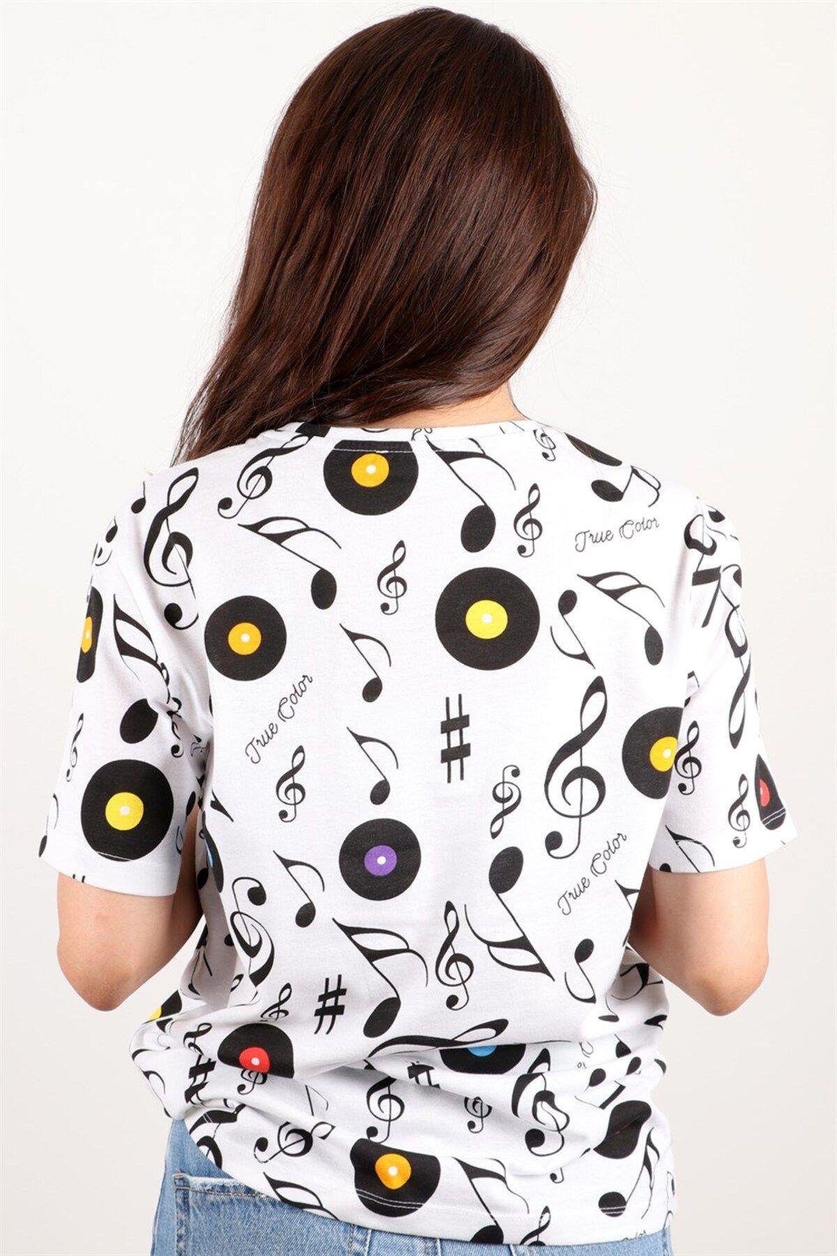 Kadın Baskılı Bisiklet Yaka Oversize T-shirt