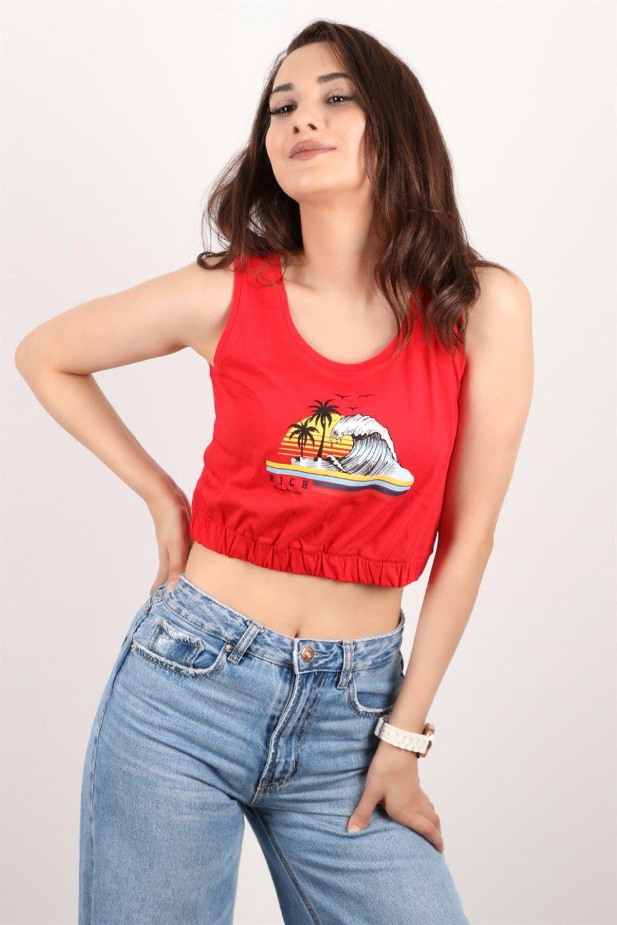 Kadın Baskılı Kolsuz Crop Bluz