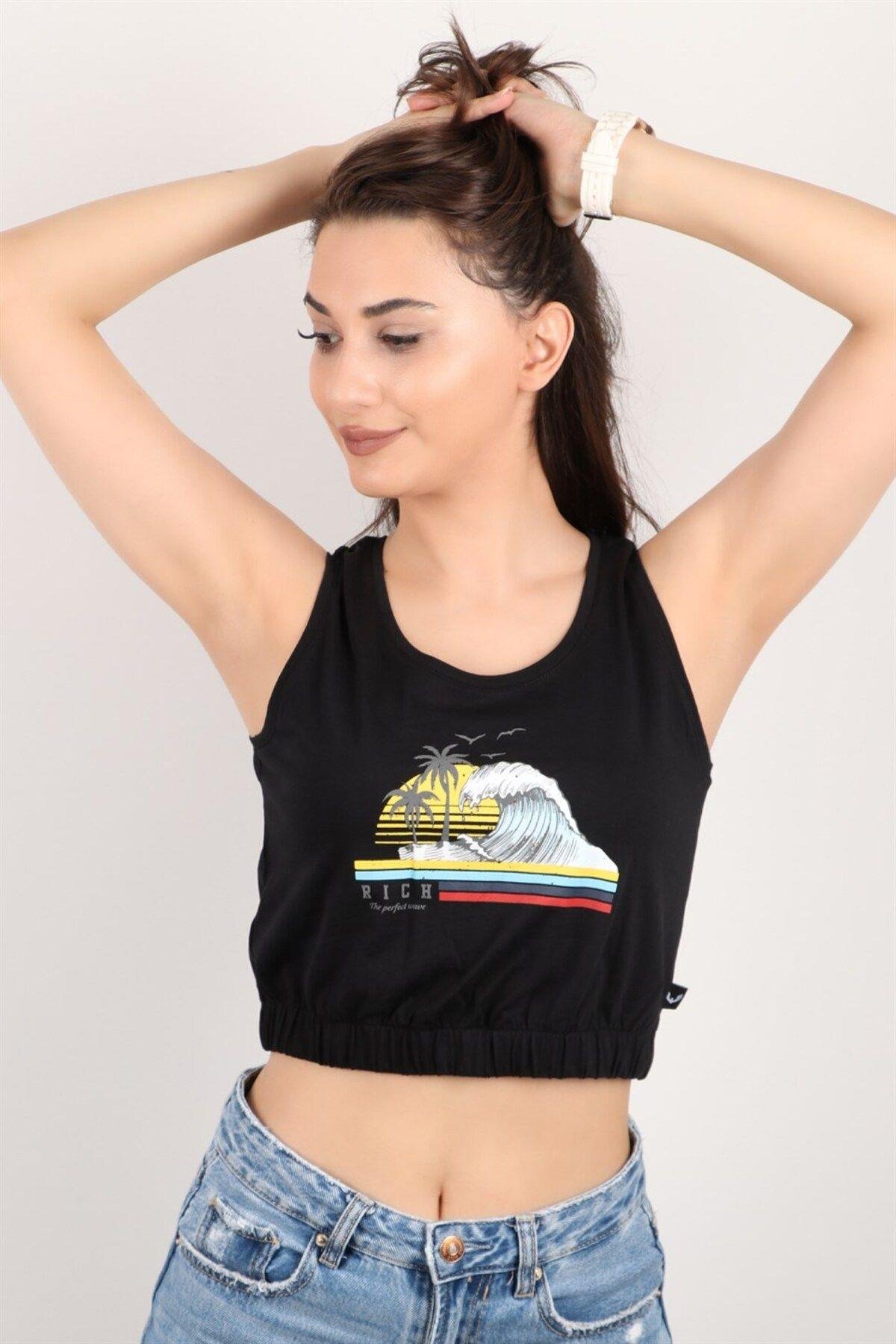 Kadın Baskılı Kolsuz Crop Bluz
