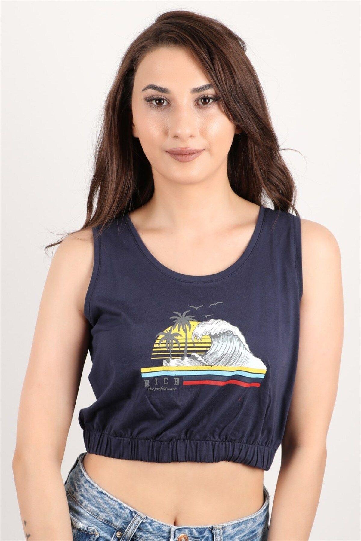 Kadın Baskılı Kolsuz Crop Bluz