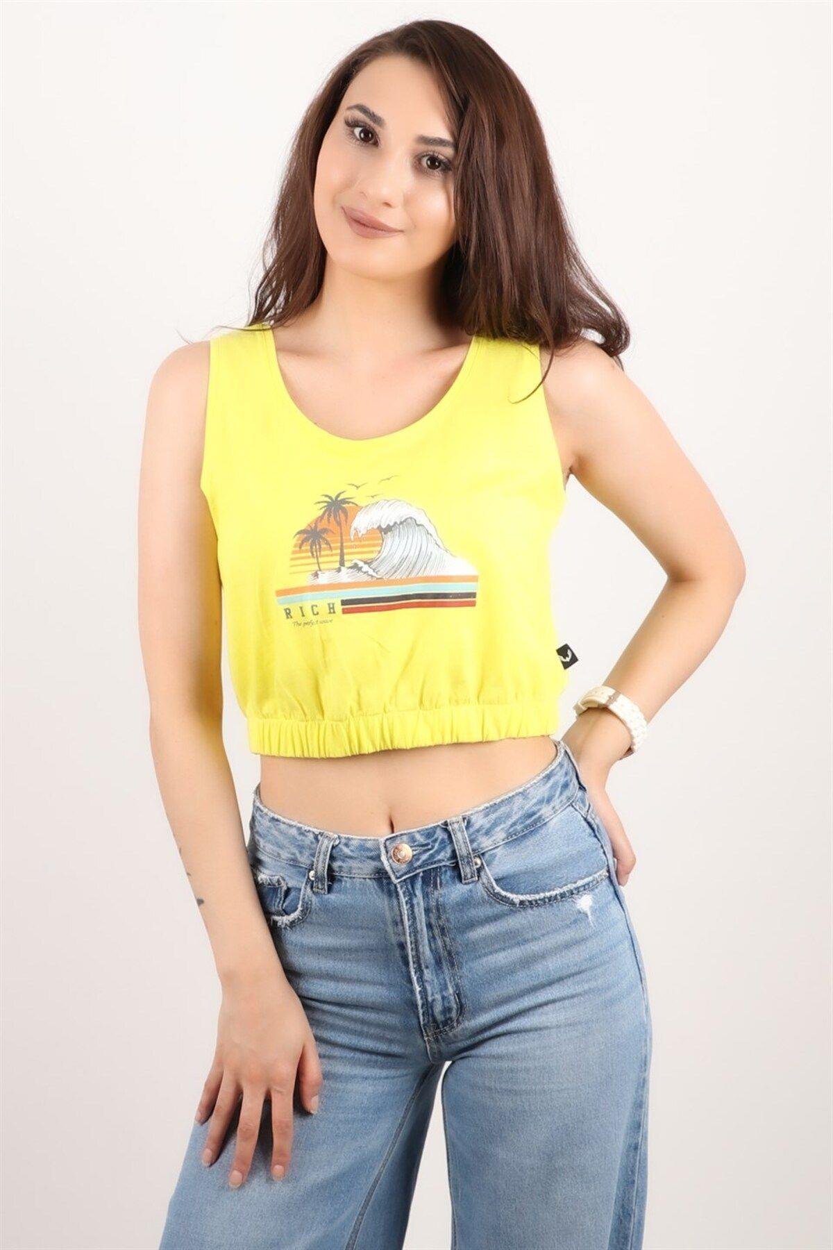 Kadın Baskılı Kolsuz Crop Bluz
