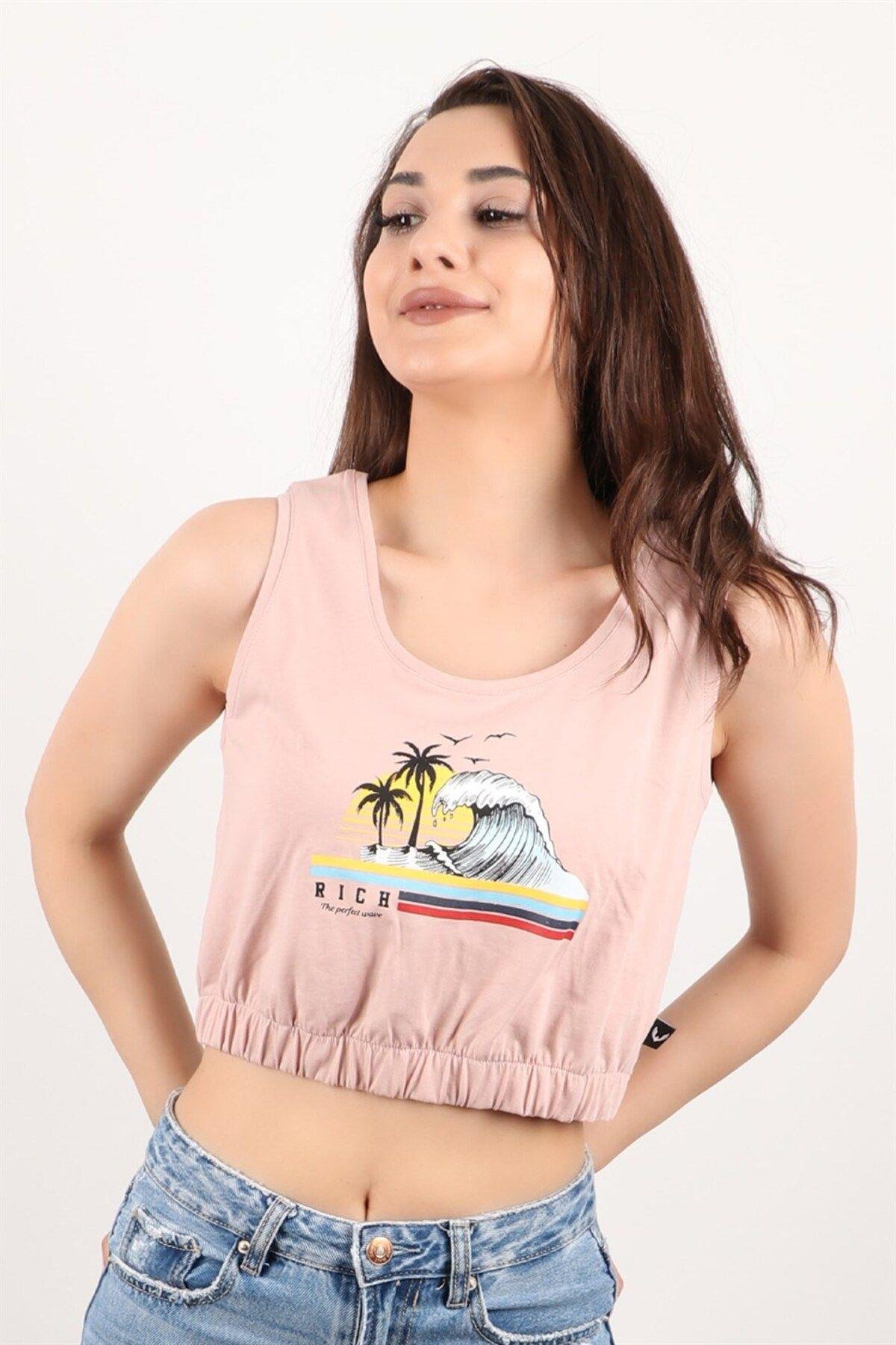 Kadın Baskılı Kolsuz Crop Bluz