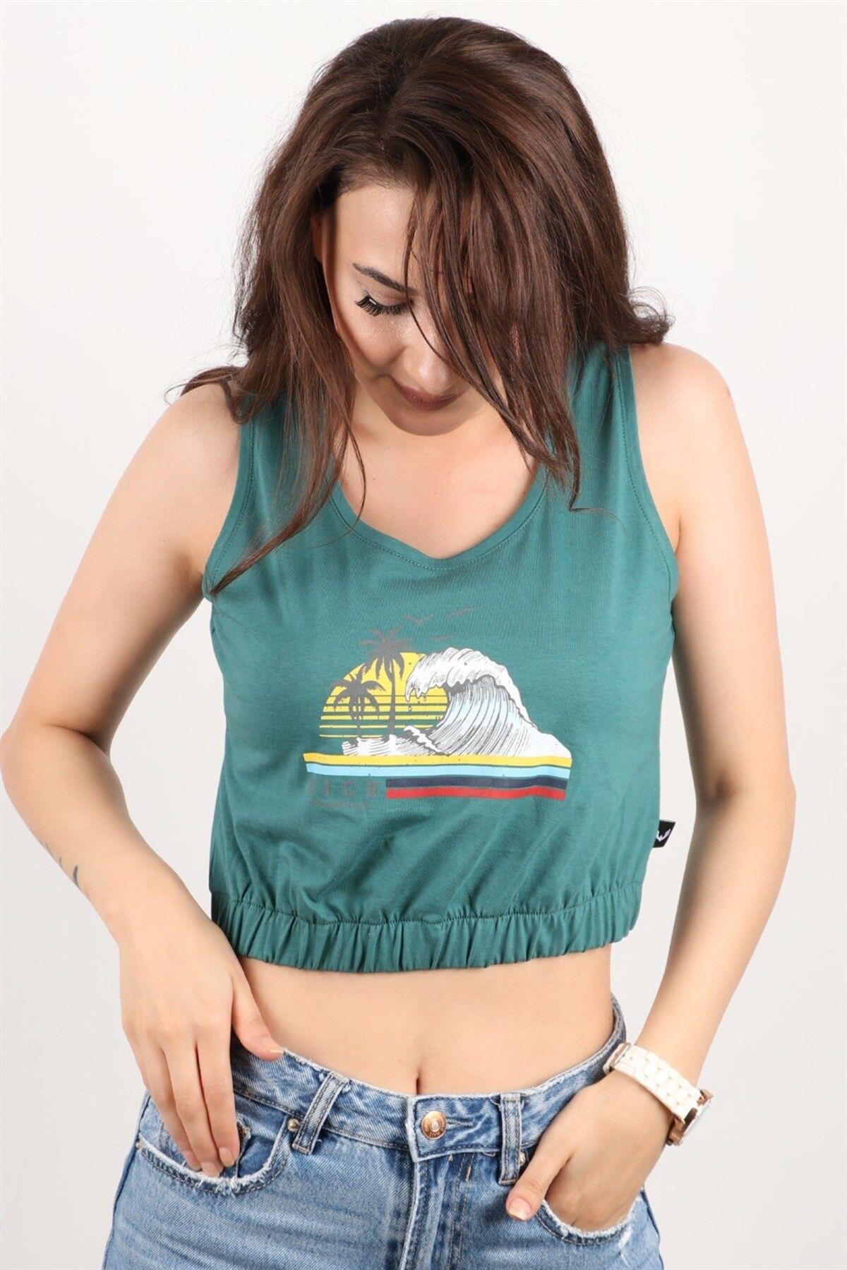 Kadın Baskılı Kolsuz Crop Bluz
