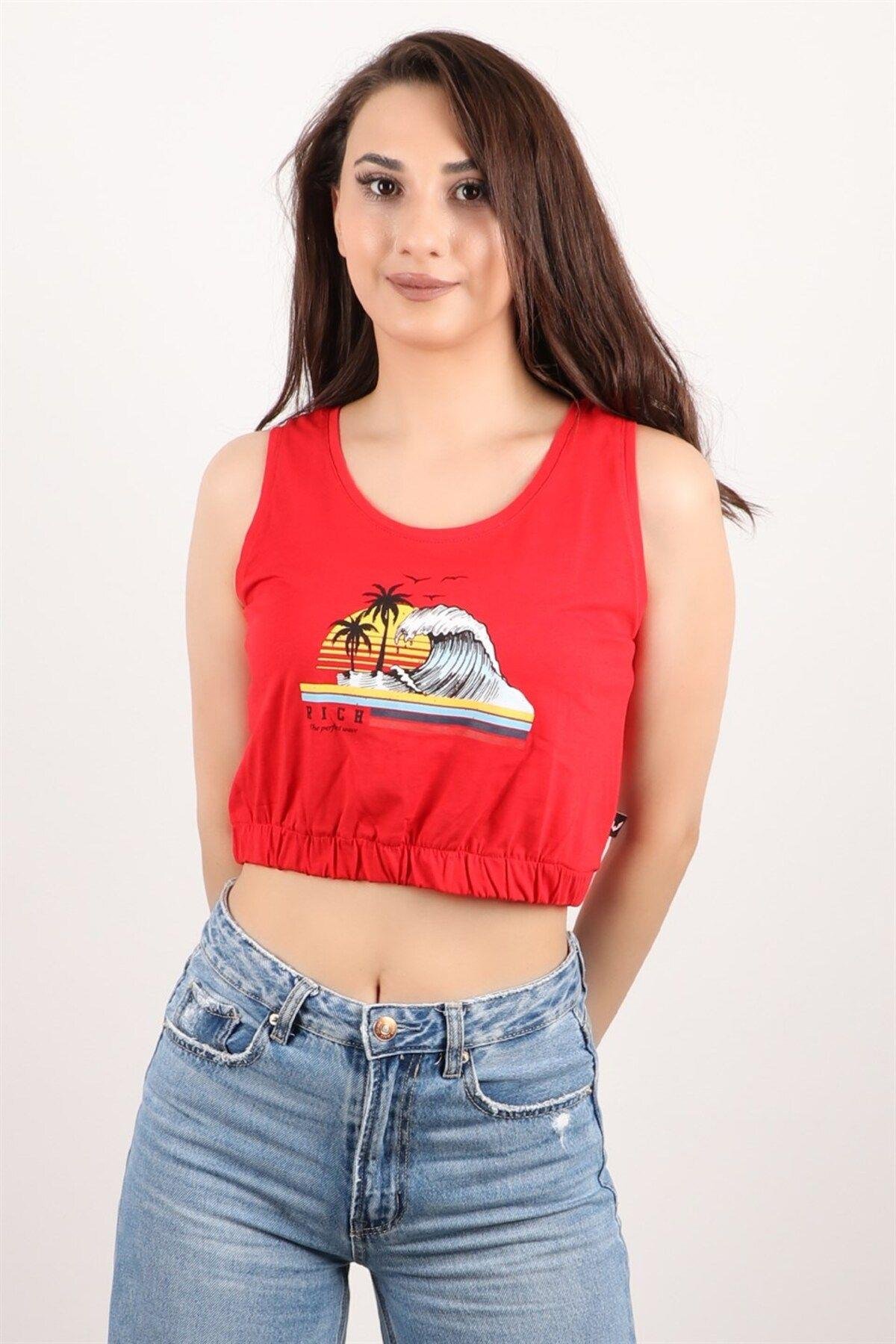 Kadın Baskılı Kolsuz Crop Bluz