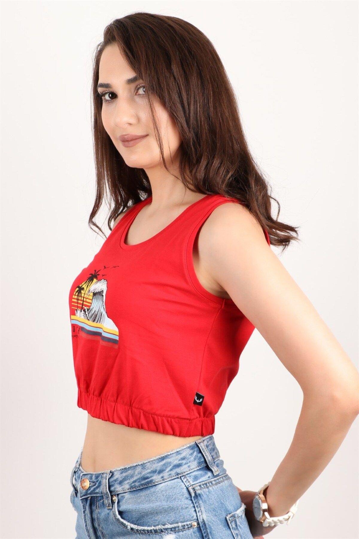 Kadın Baskılı Kolsuz Crop Bluz