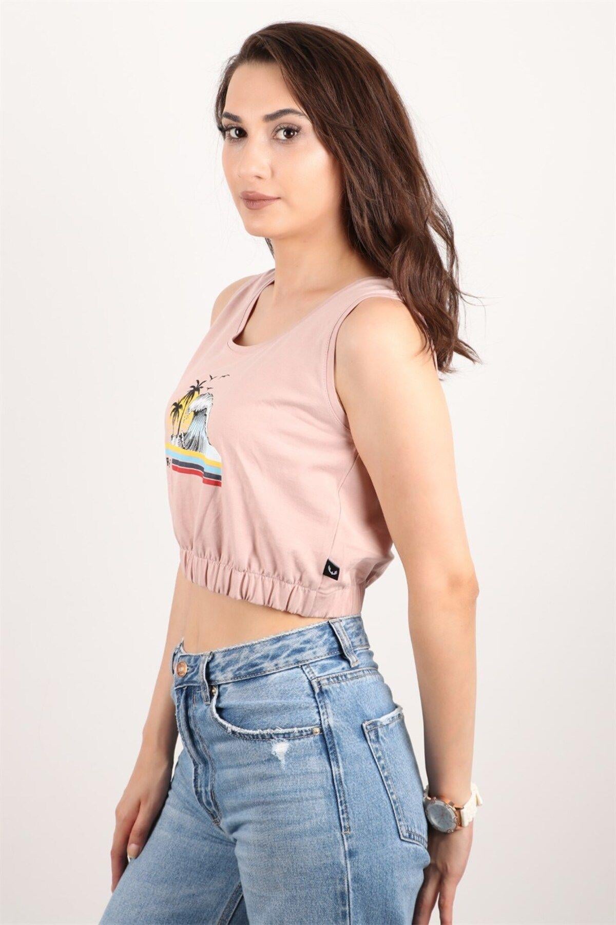 Kadın Baskılı Kolsuz Crop Bluz