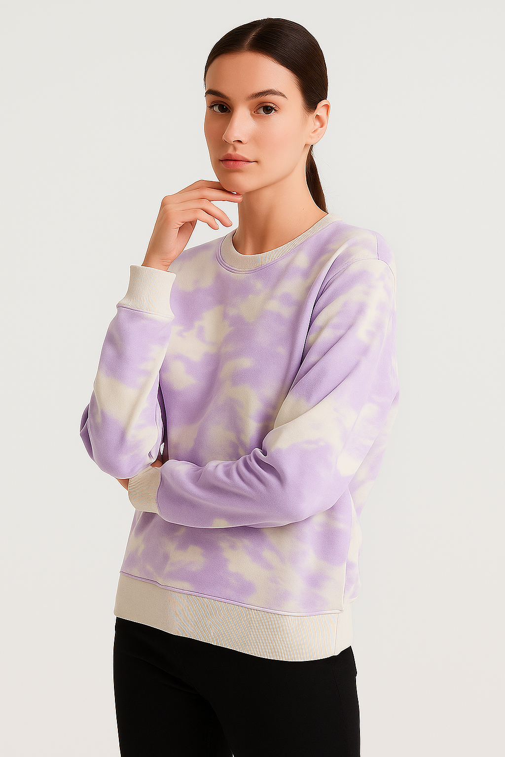 Kadın Batik Desen Bisiklet Yaka Renkli Oversize Relaxed Uzun Kollu Sweatshirt