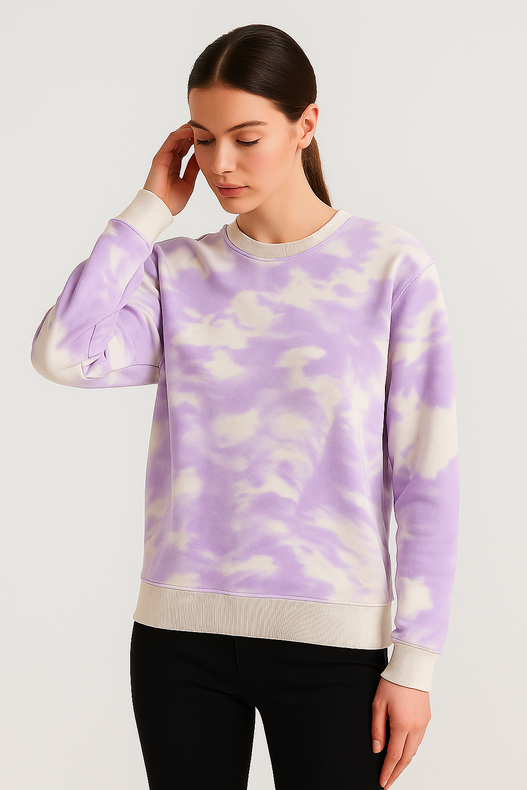 Kadın Batik Desen Bisiklet Yaka Renkli Oversize Relaxed Uzun Kollu Sweatshirt