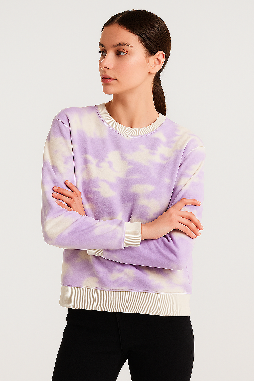 Kadın Batik Desen Bisiklet Yaka Renkli Oversize Relaxed Uzun Kollu Sweatshirt