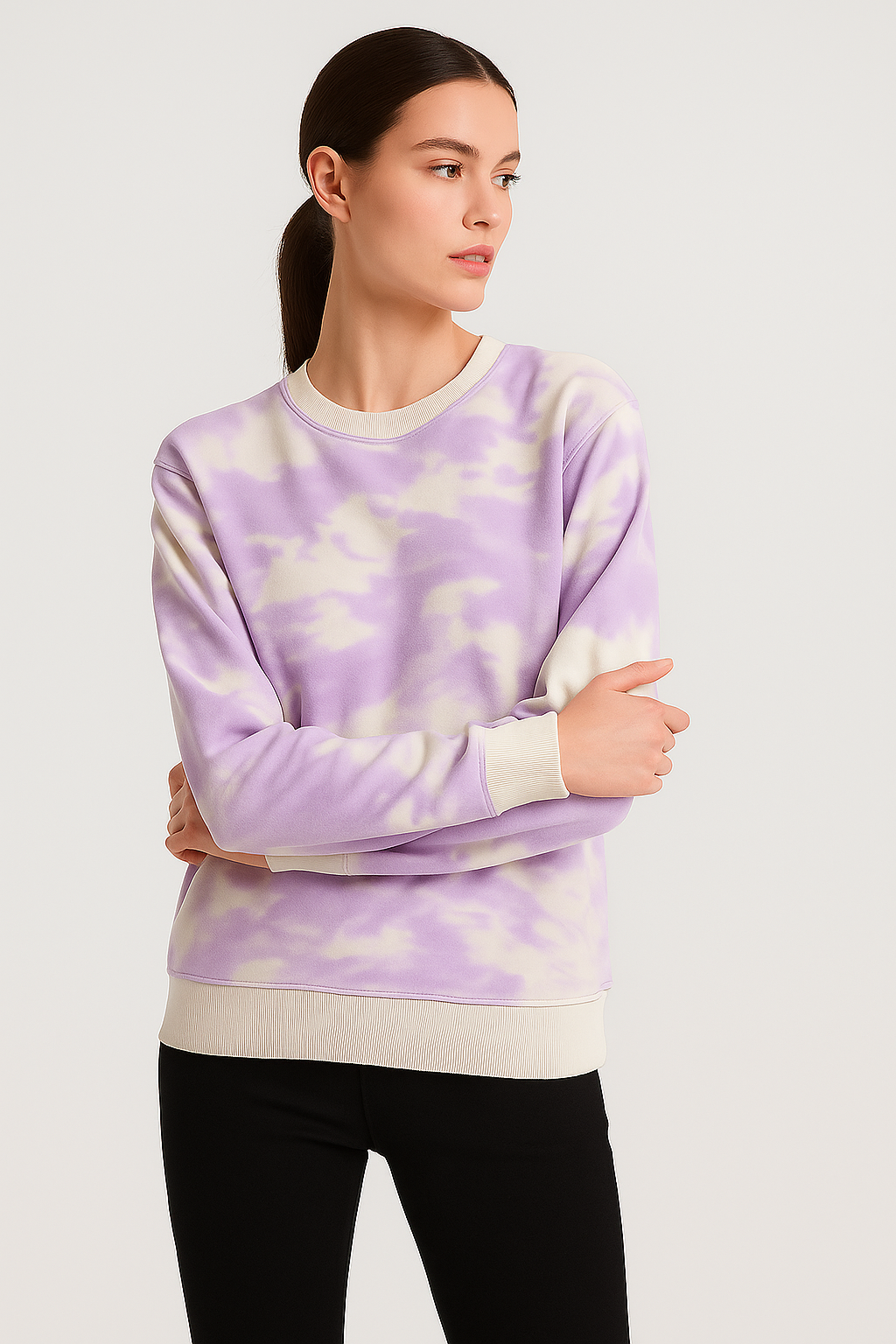 Kadın Batik Desen Bisiklet Yaka Renkli Oversize Relaxed Uzun Kollu Sweatshirt