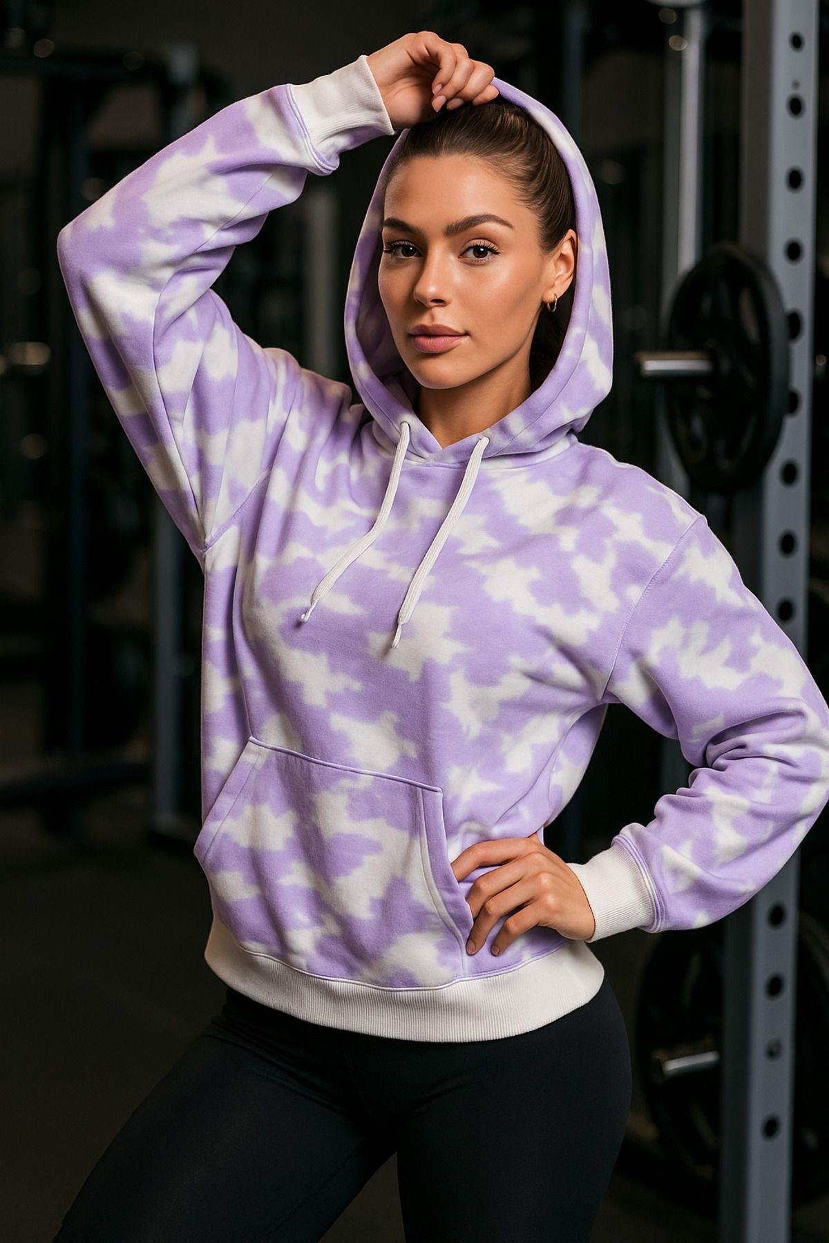 Kadın Batik Desen Renkli Oversize Relaxed Uzun Kollu Kapüşonlu Sweatshirt