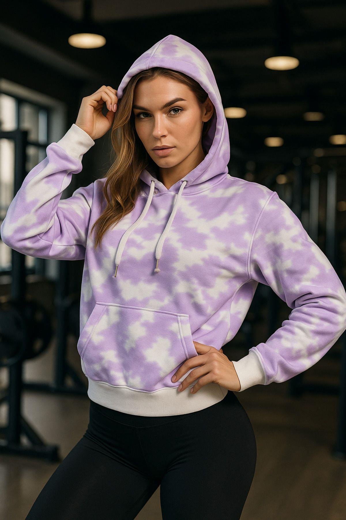 Kadın Batik Desen Renkli Oversize Relaxed Uzun Kollu Kapüşonlu Sweatshirt