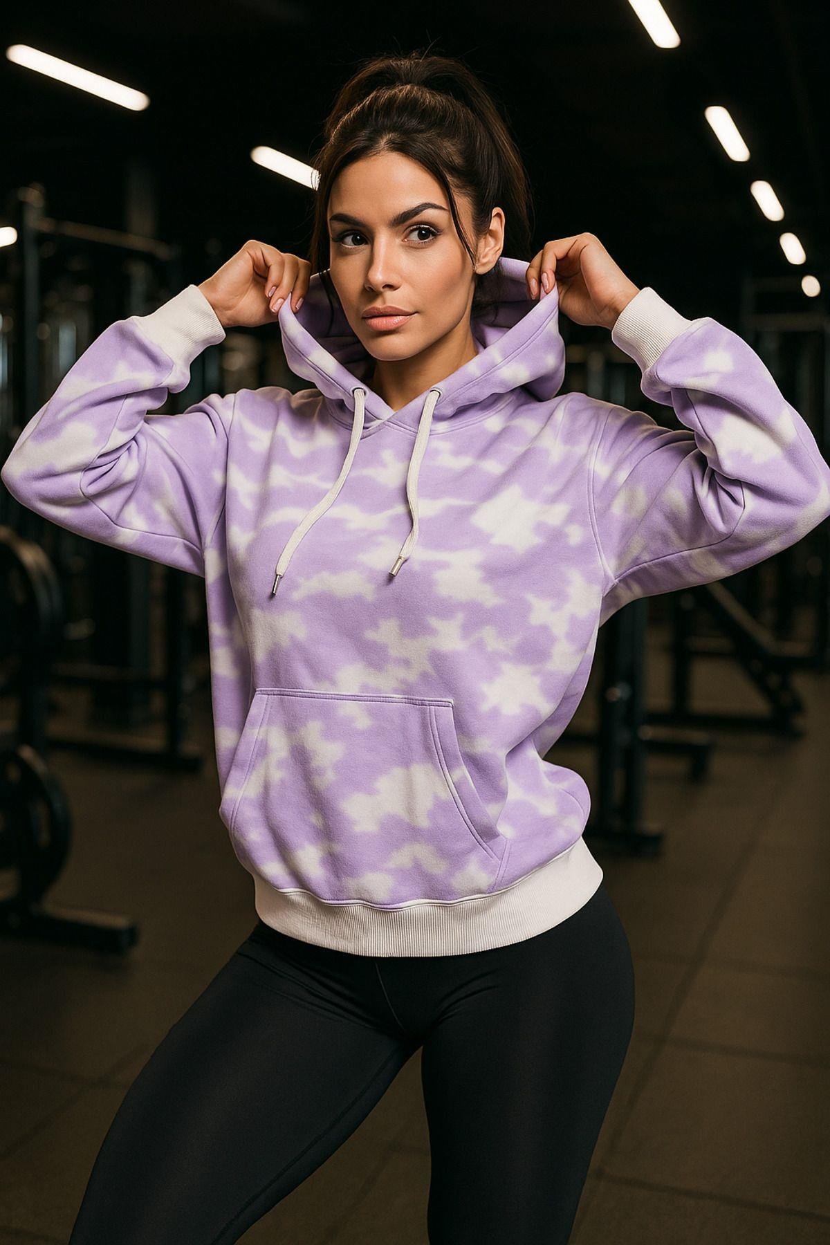 Kadın Batik Desen Renkli Oversize Relaxed Uzun Kollu Kapüşonlu Sweatshirt