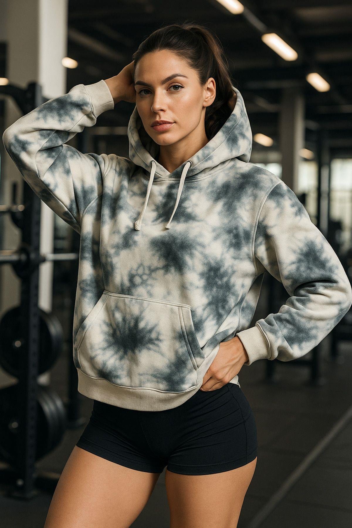 Kadın Batik Desen Renkli Oversize Relaxed Uzun Kollu Kapüşonlu Sweatshirt