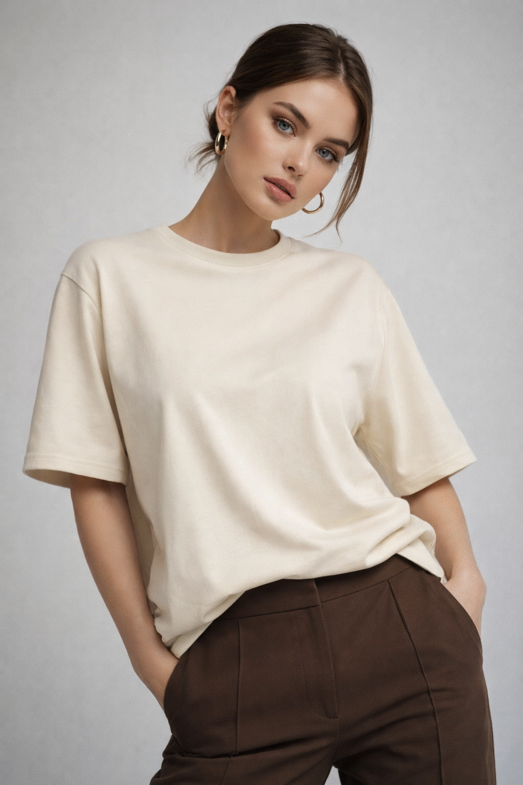 Kadın Bej %100 Pamuk Oversize Basic Tişört – Rahat Kalıp Relaxed Bisiklet Yaka T-Shirt