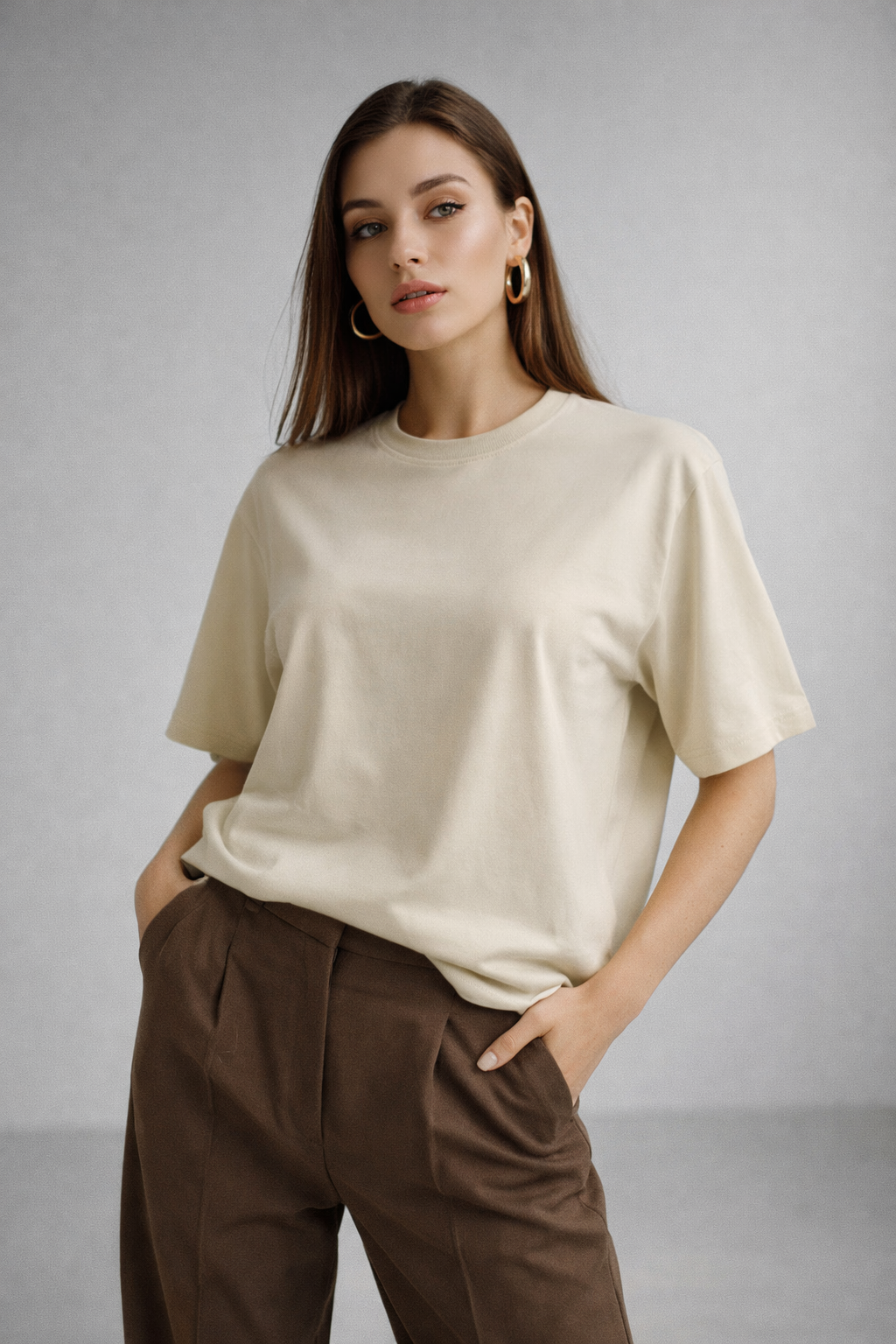Kadın Bej %100 Pamuk Oversize Basic Tişört – Rahat Kalıp Relaxed Bisiklet Yaka T-Shirt