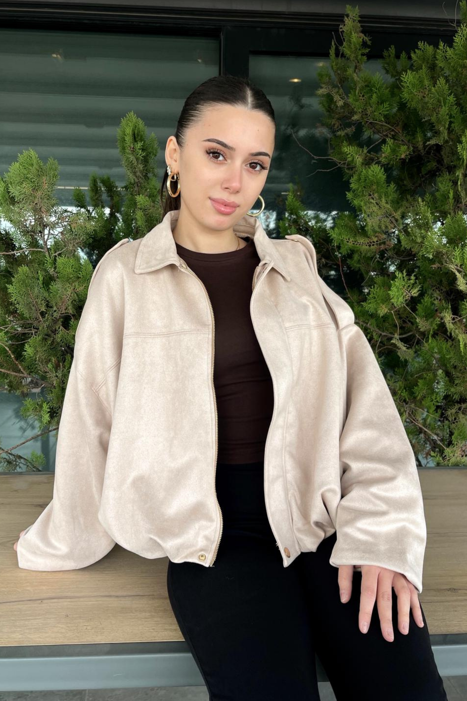 Kadın Bej Oversize Süet Bomber Ceket