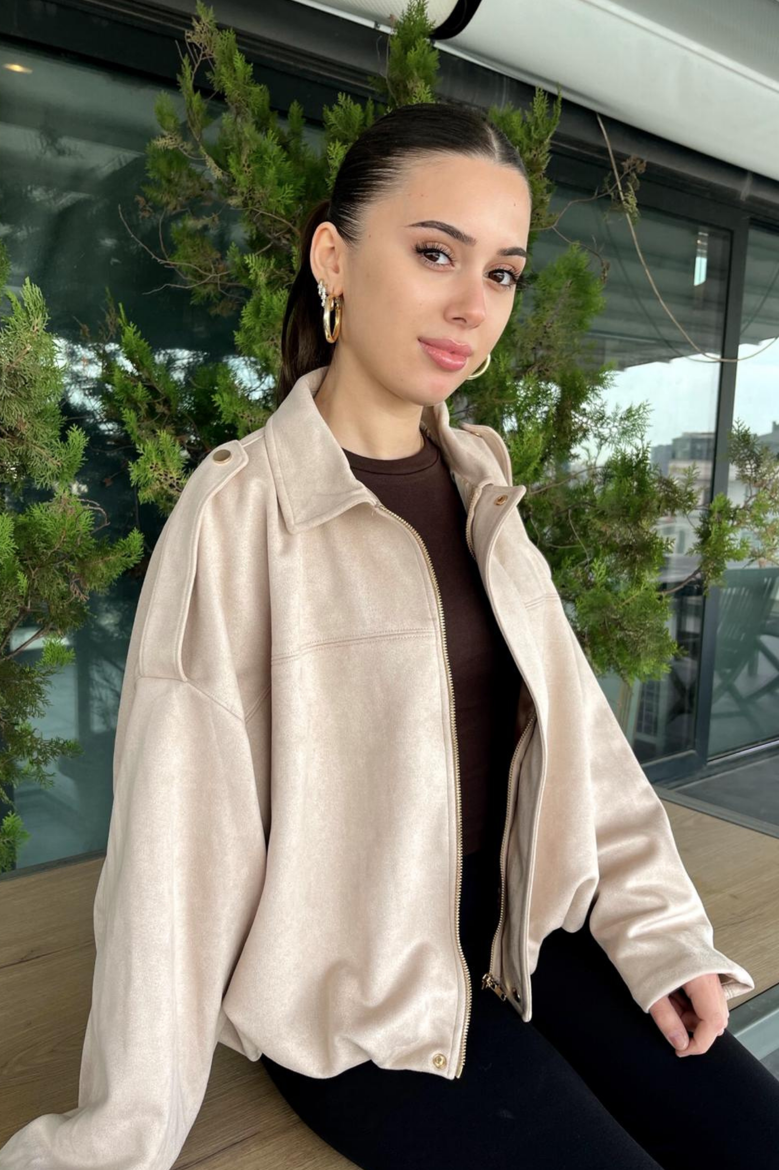 Kadın Bej Oversize Süet Bomber Ceket