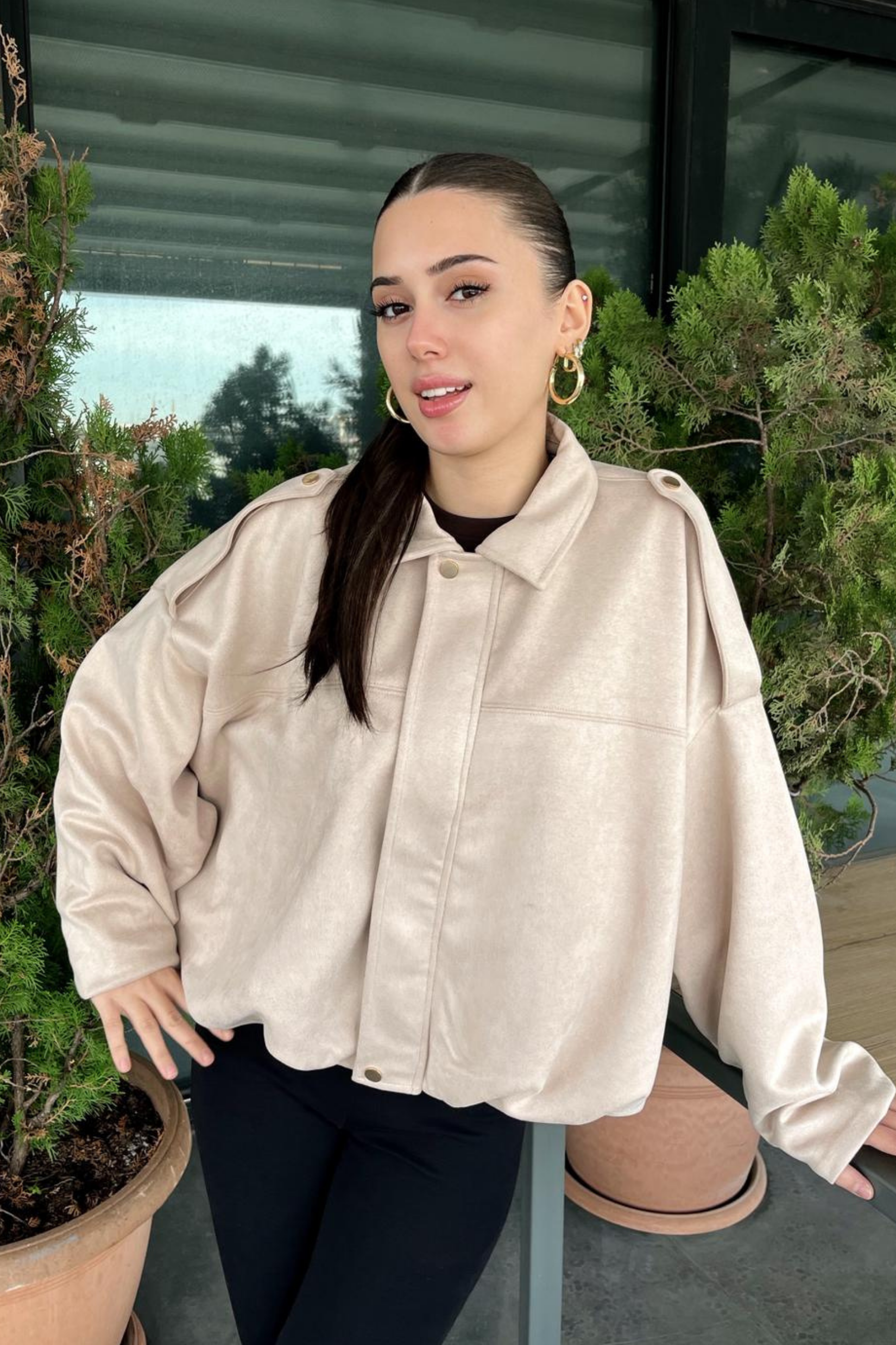 Kadın Bej Oversize Süet Bomber Ceket