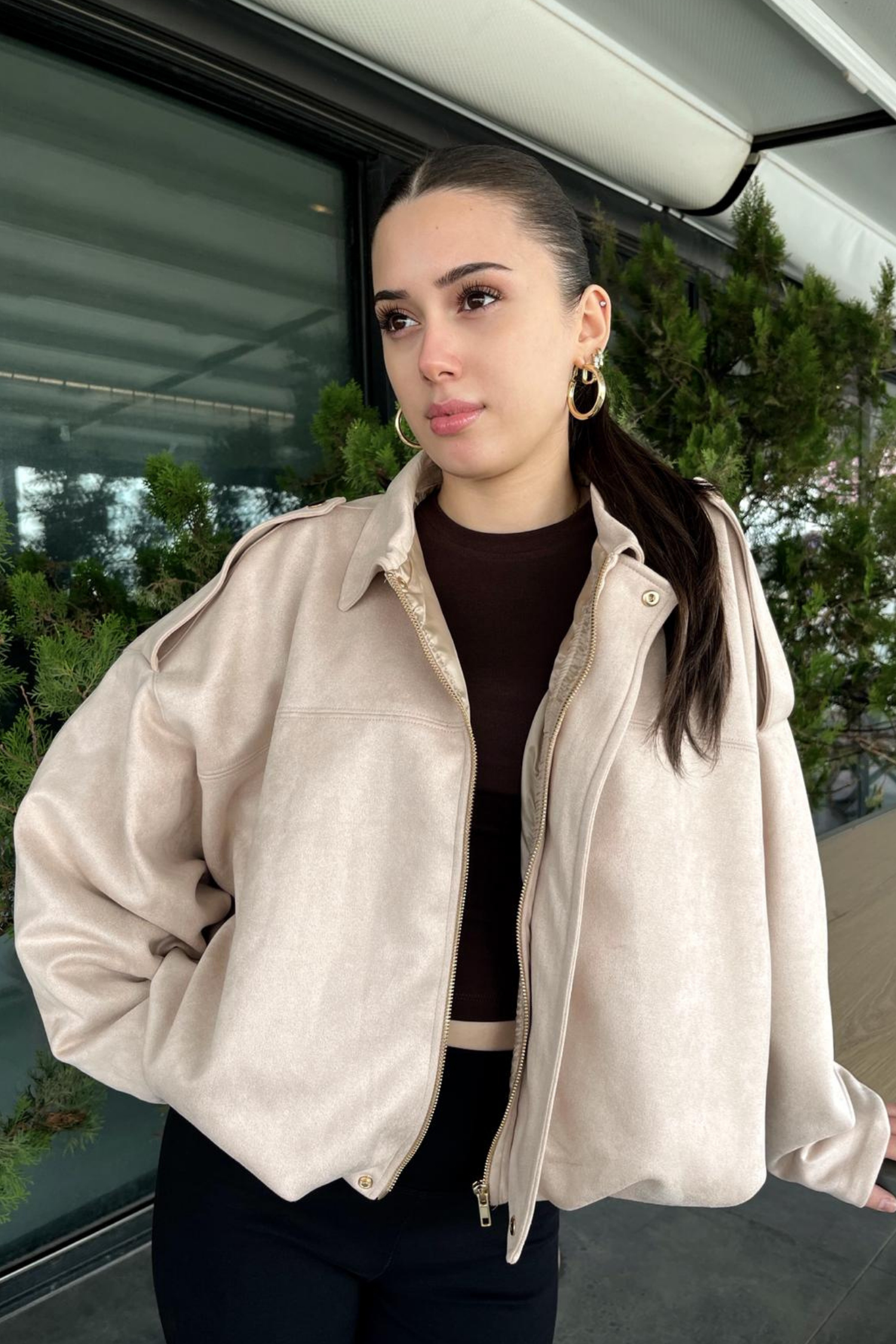 Kadın Bej Oversize Süet Bomber Ceket