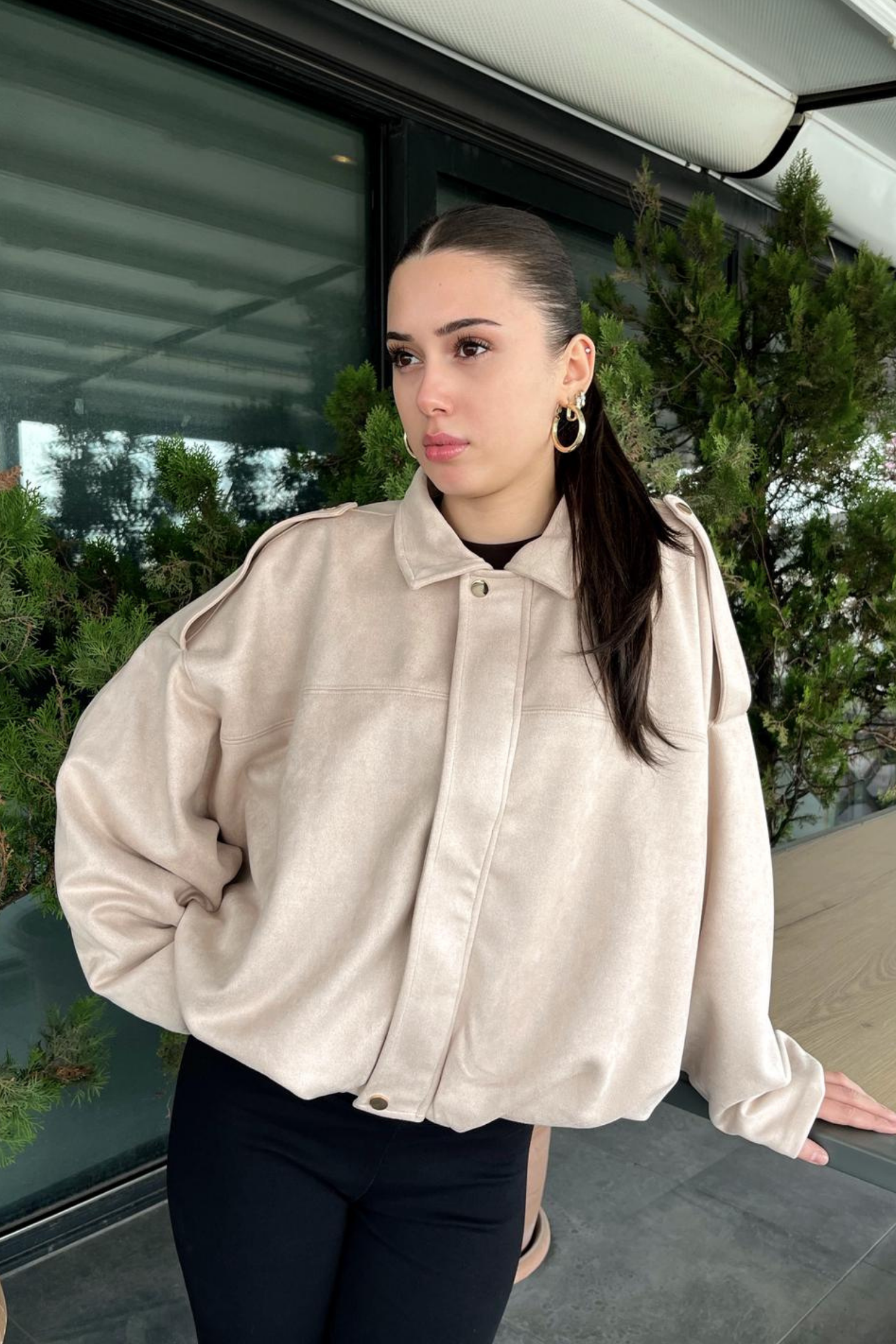 Kadın Bej Oversize Süet Bomber Ceket