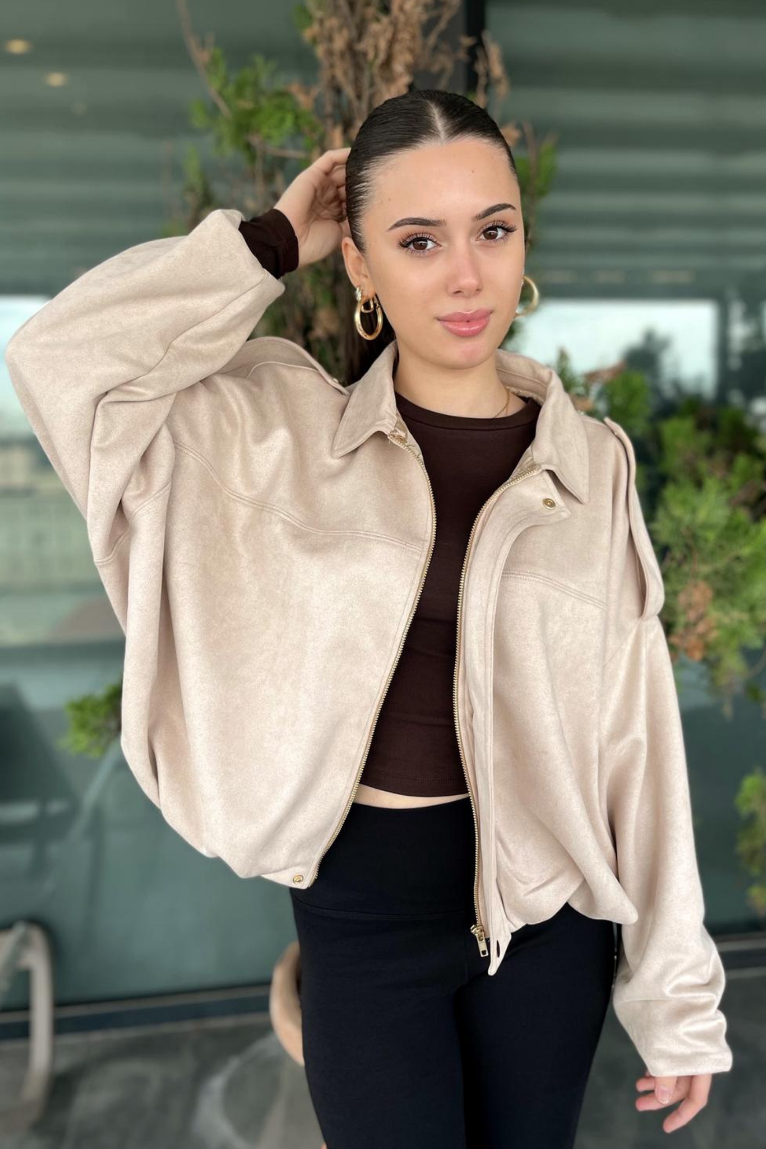 Kadın Bej Oversize Süet Bomber Ceket