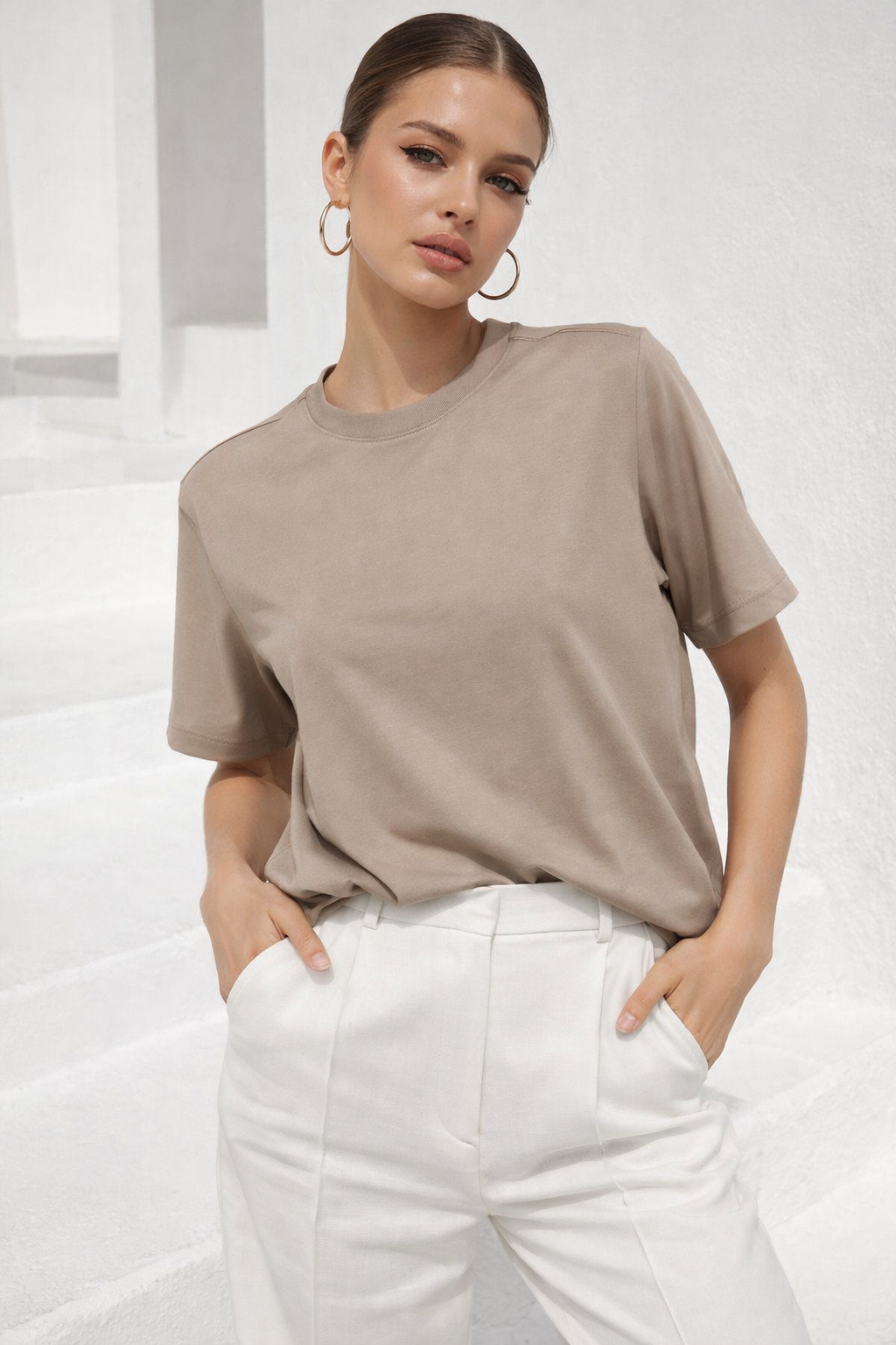 Kadın Bej Premium Modal Kumaş Oversize T-Shirt