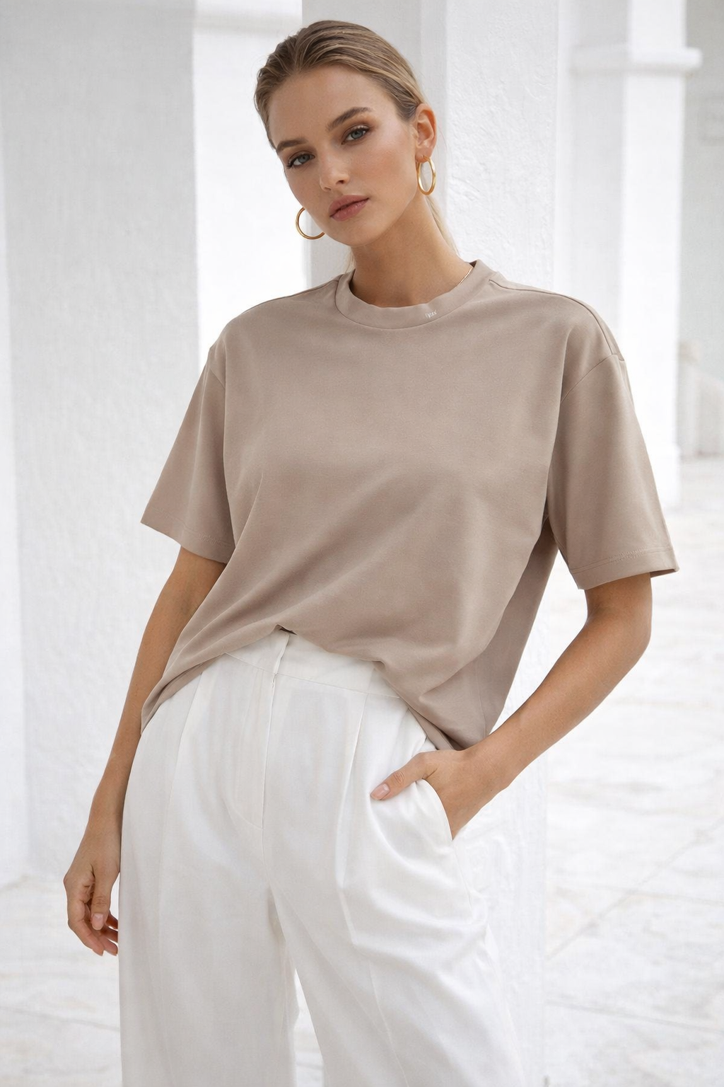 Kadın Bej Premium Modal Kumaş Oversize T-Shirt
