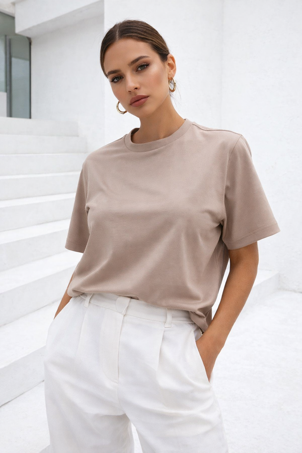 Kadın Bej Premium Modal Kumaş Oversize T-Shirt