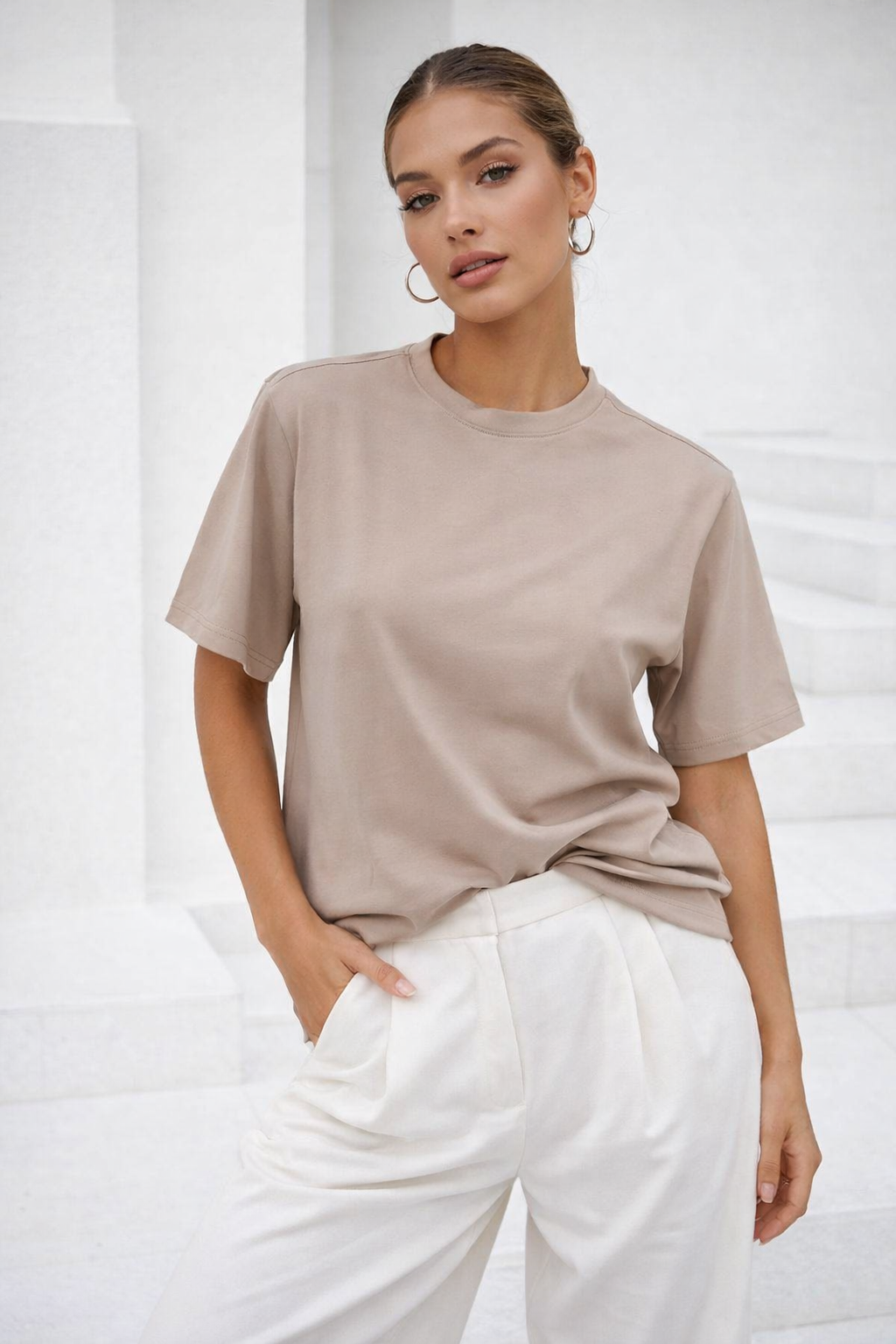 Kadın Bej Premium Modal Kumaş Oversize T-Shirt