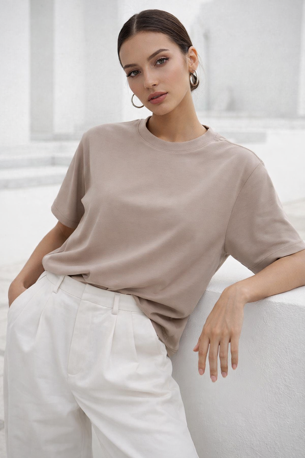Kadın Bej Premium Modal Kumaş Oversize T-Shirt