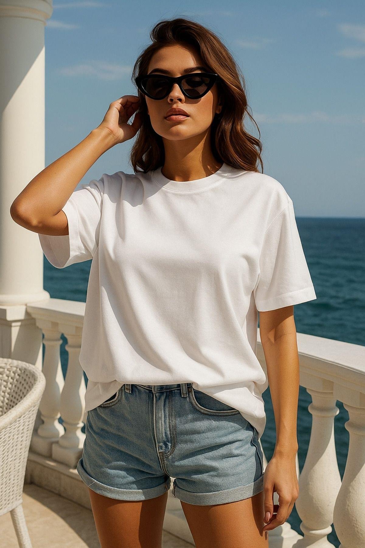Kadın Beyaz %100 Pamuk Oversize Basic Tişört – Rahat Kalıp Relaxed Bisiklet Yaka T-Shirt