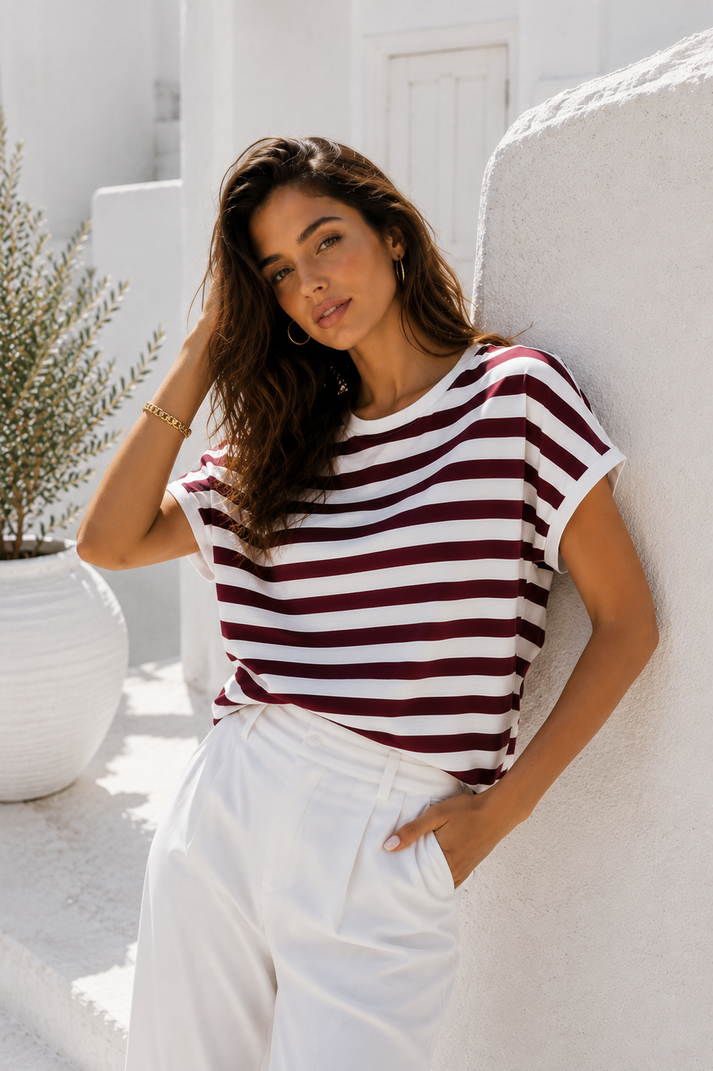 Kadın Bordo Beyaz Çizgili Yarasa Kol T-Shirt | Şık Basic Tişört