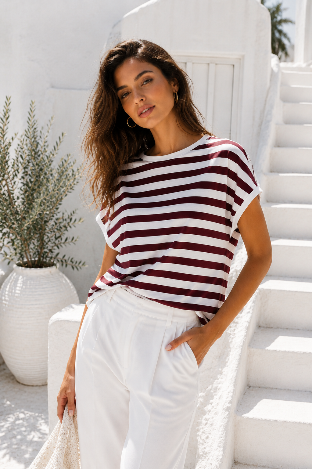Kadın Bordo Beyaz Çizgili Yarasa Kol T-Shirt | Şık Basic Tişört