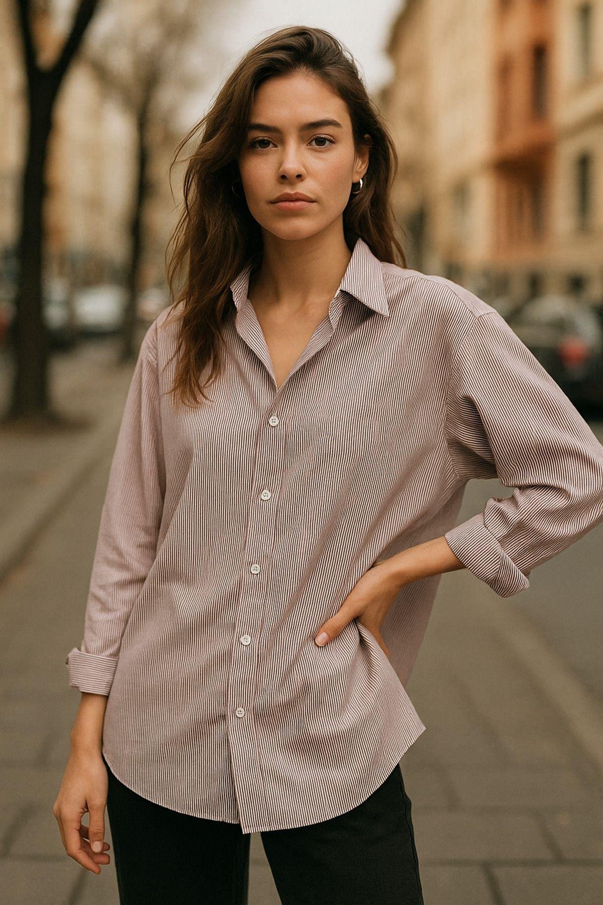 Kadın Bordo Çizgili Beyaz Oversize Gömlek Over Fit Relaxed Gömlek