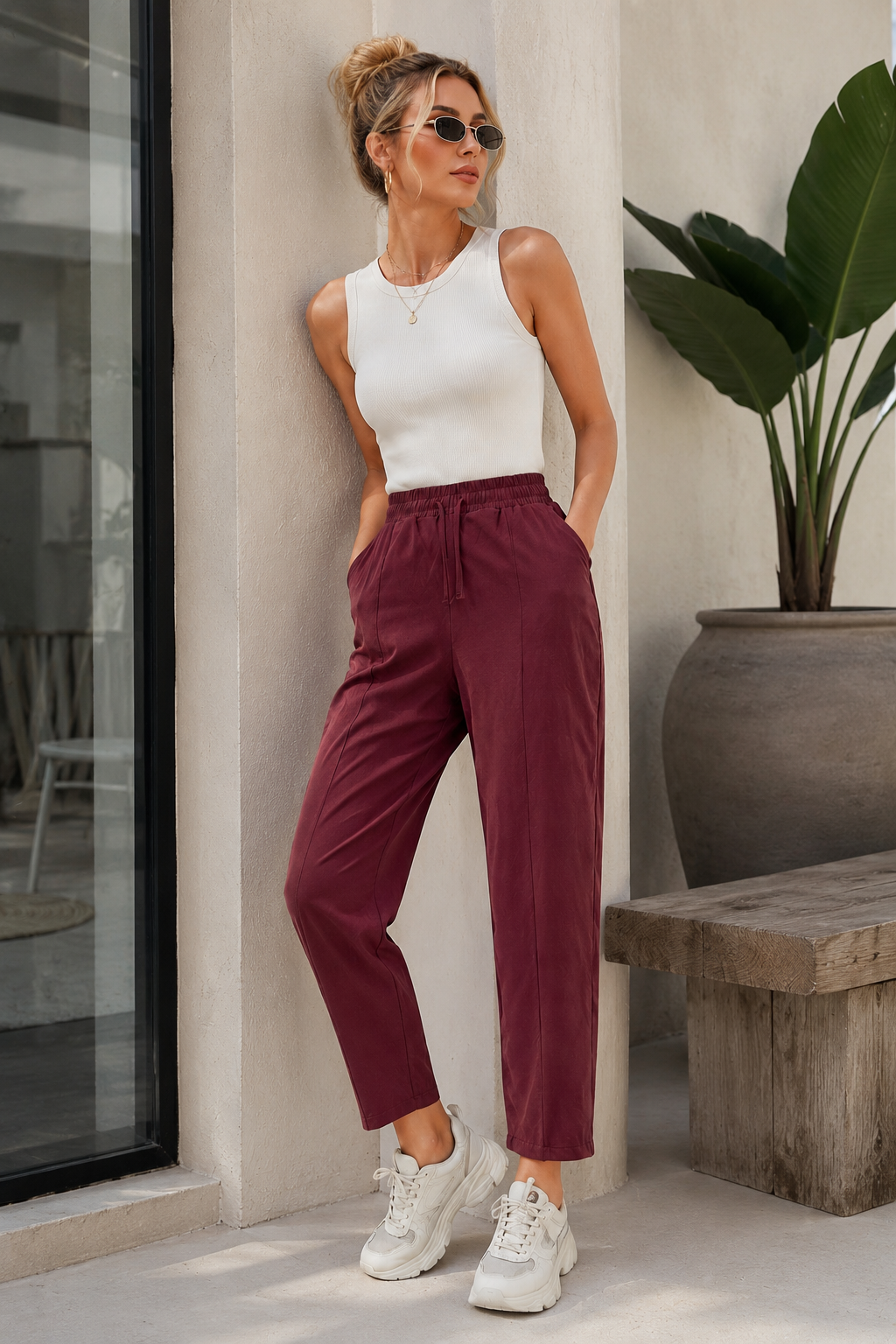 Kadın Bordo Dokuma Beli Lastikli Dokuma Havuç Pantolon
