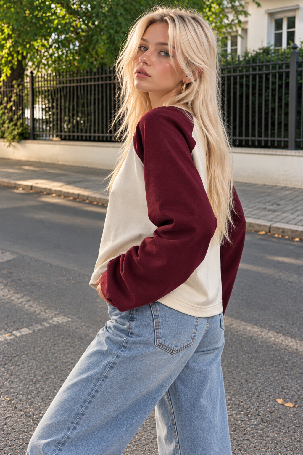 Kadın Bordo Krem Reglan Kol Pamuklu Oversize Sweatshirt
