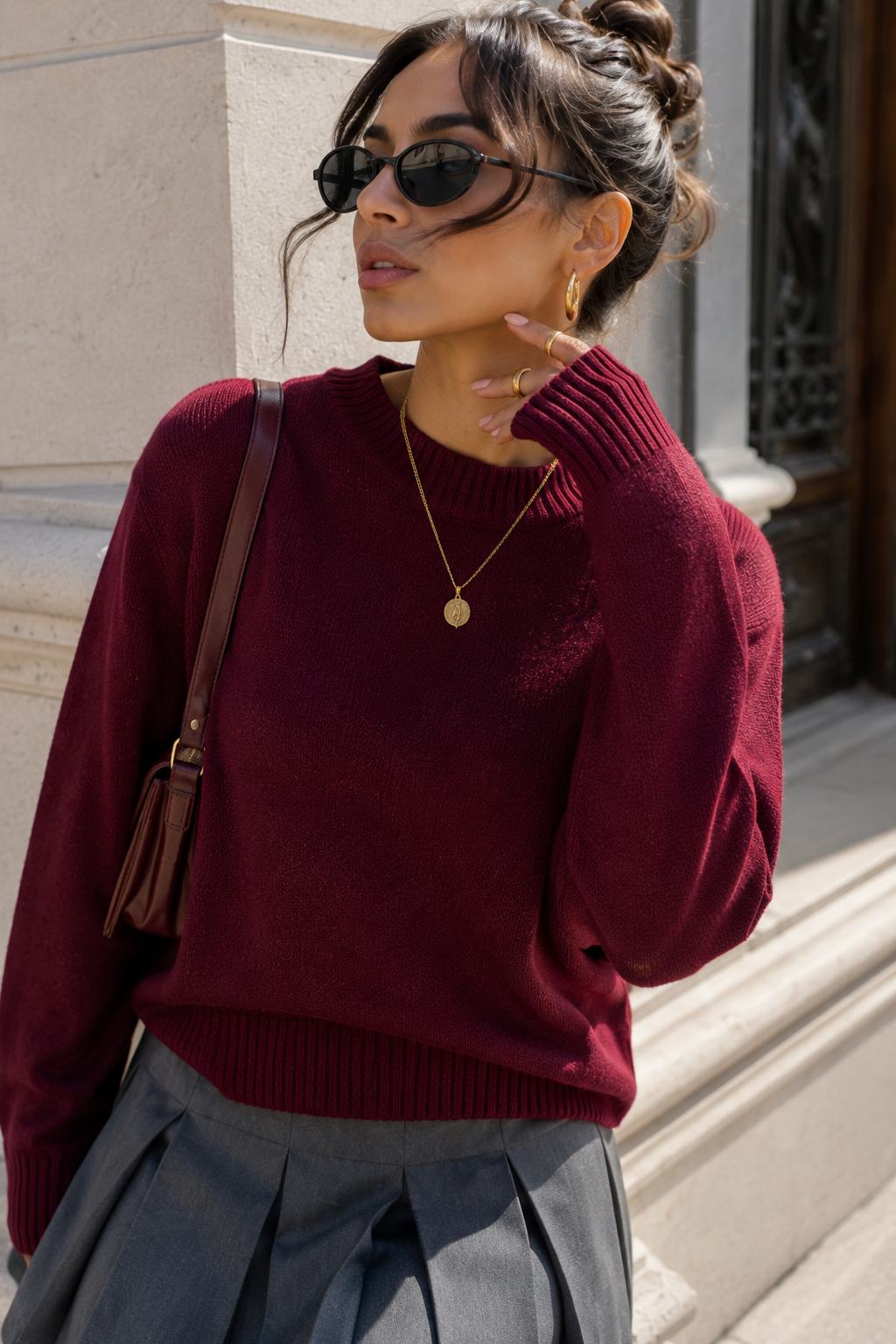 Kadın Bordo Oversize Bisiklet Yaka Triko Kazak
