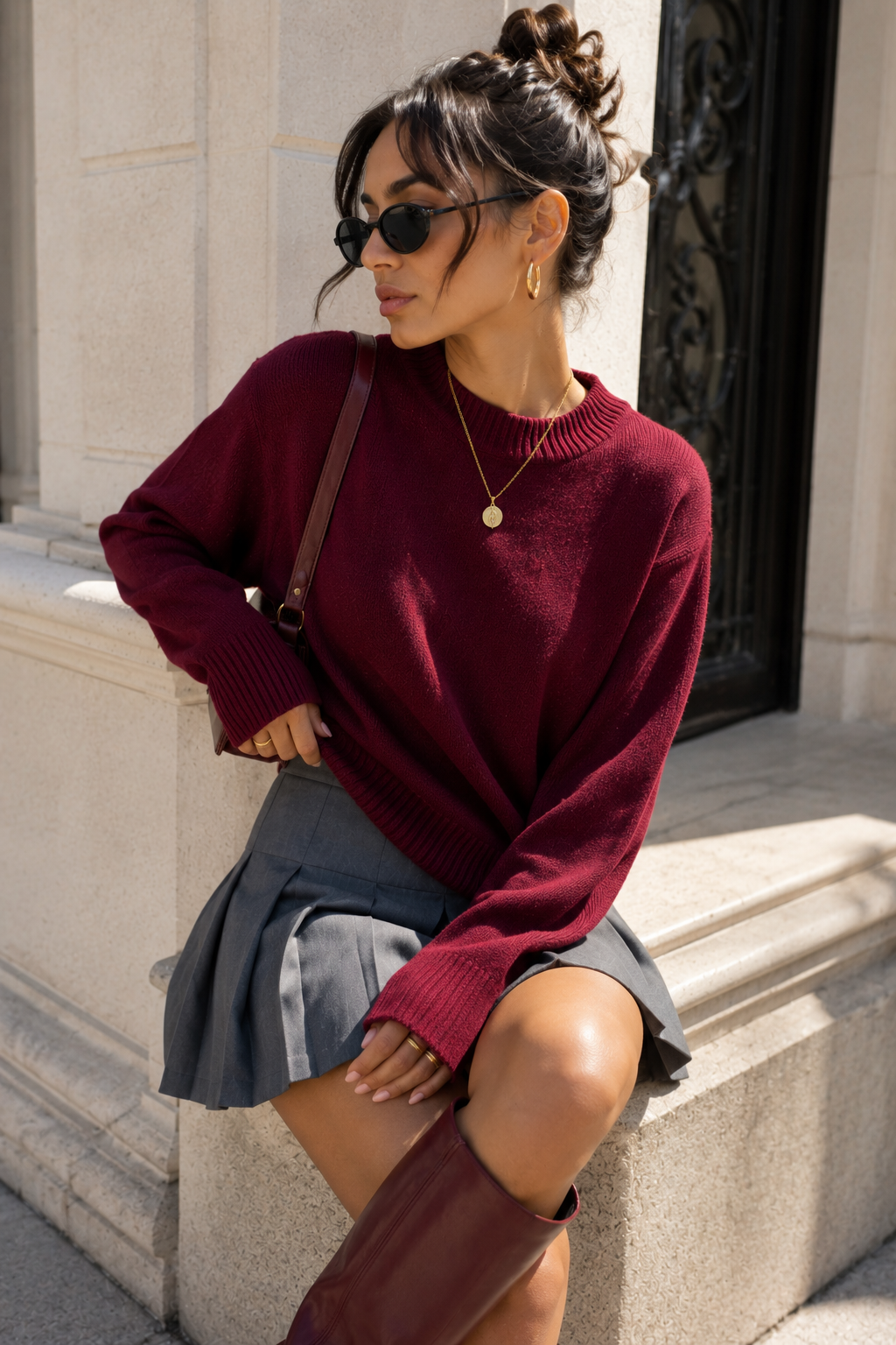 Kadın Bordo Oversize Bisiklet Yaka Triko Kazak