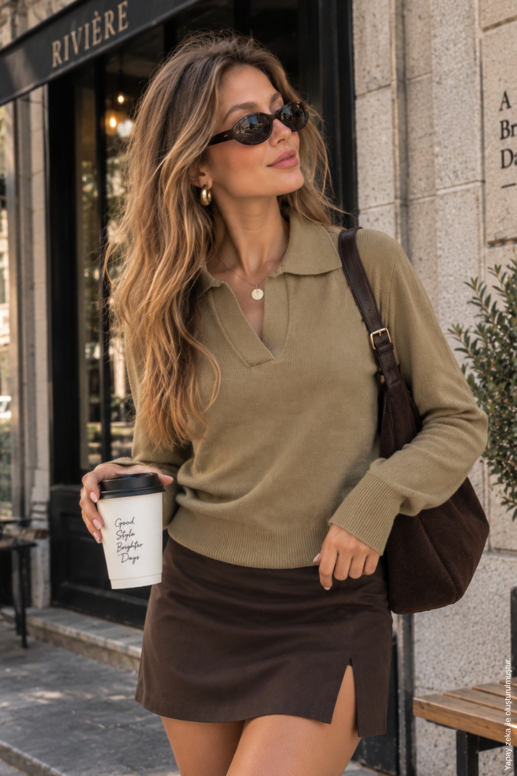 Kadın Camel Polo Yaka Uzun Kollu Triko Kazak