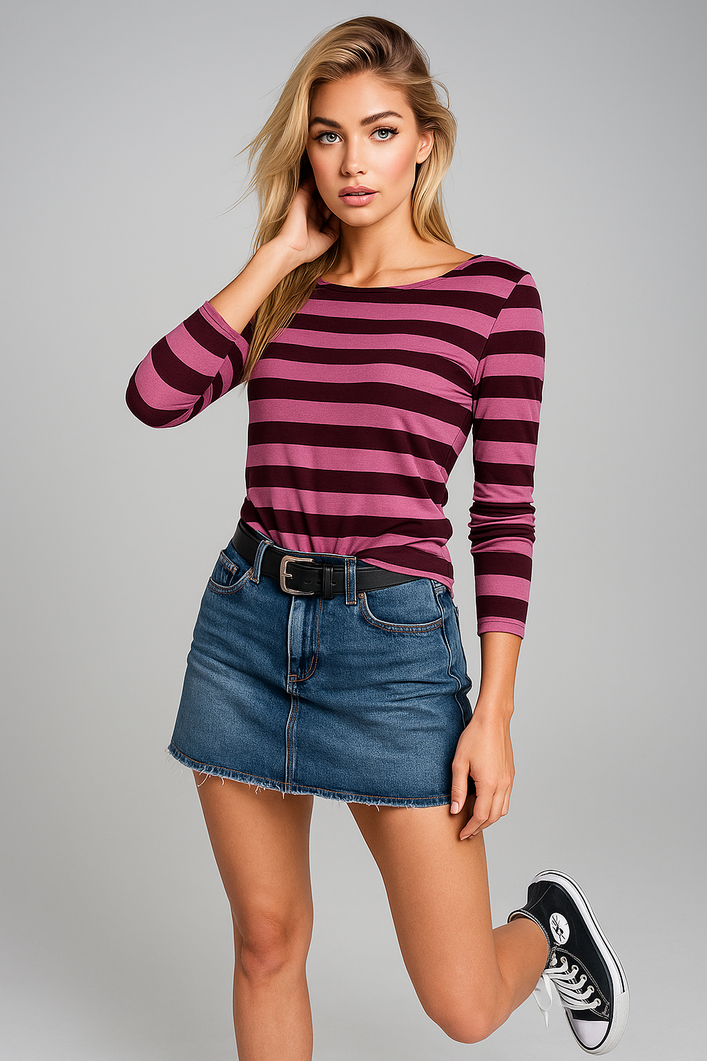 Kadın Çizgili Basic Bluz - Pembe Siyah - Günlük Rahat Şık Kombin - Yeni Sezon Trend