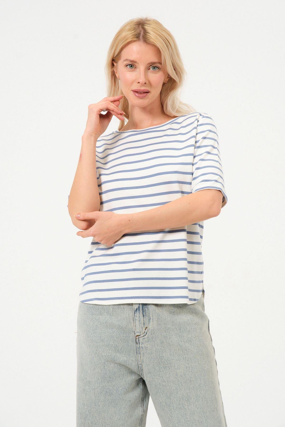 Kadın Çizgili Tişört Oversize T-shirt