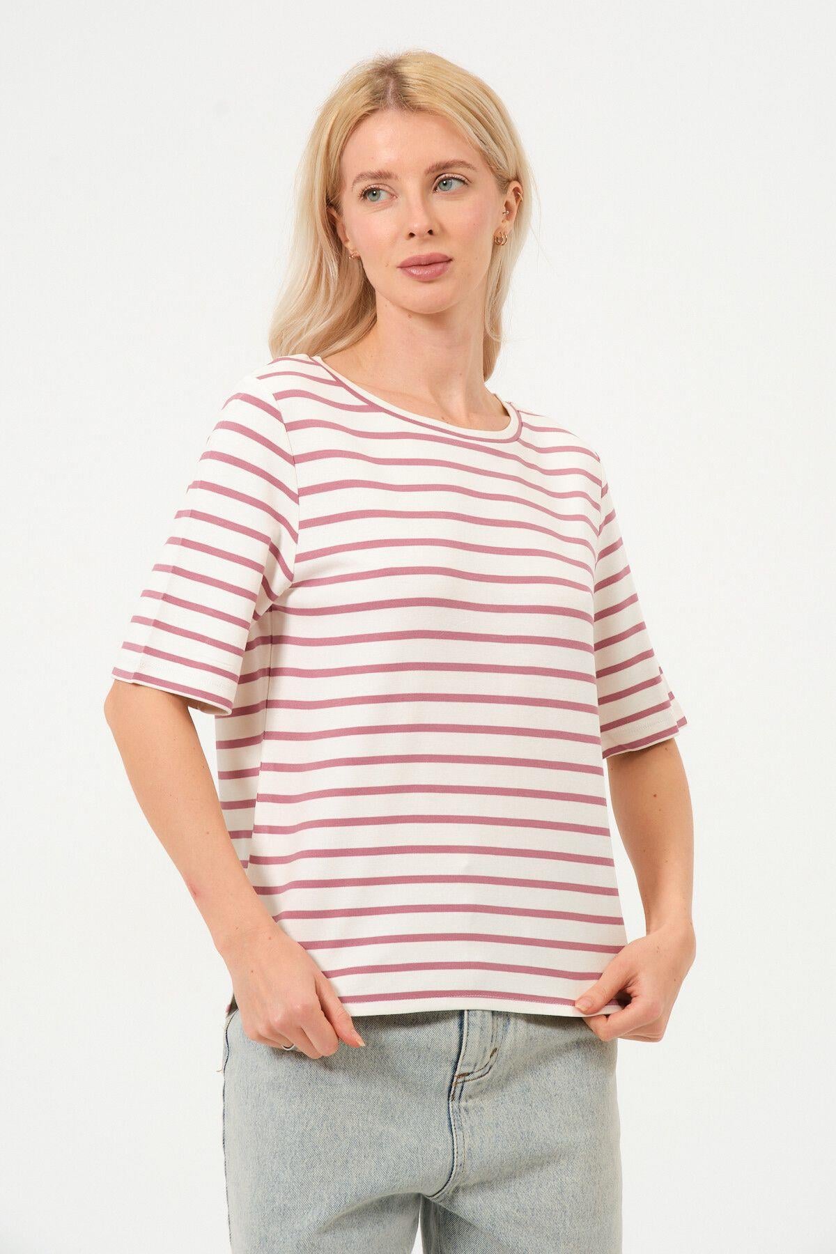 Kadın Çizgili Tişört Oversize T-shirt