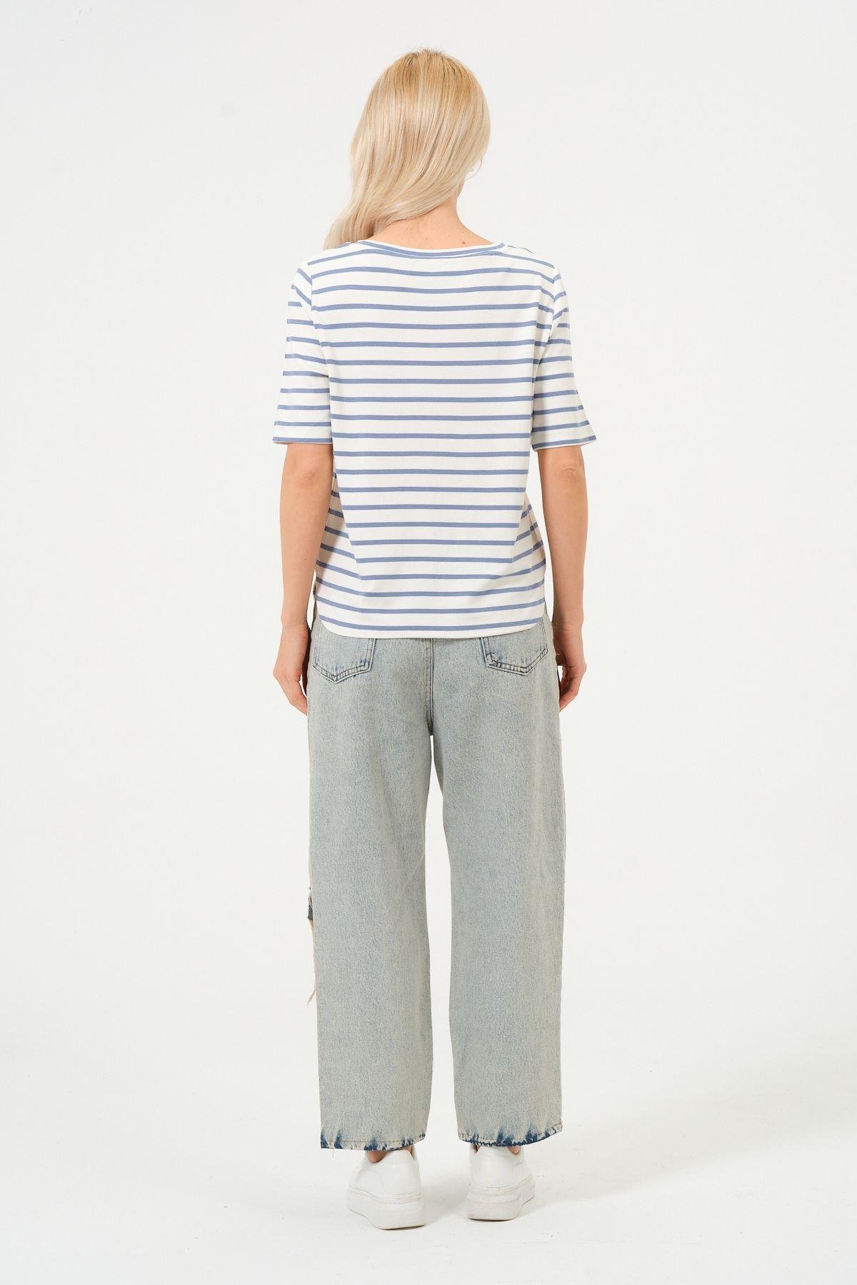 Kadın Çizgili Tişört Oversize T-shirt