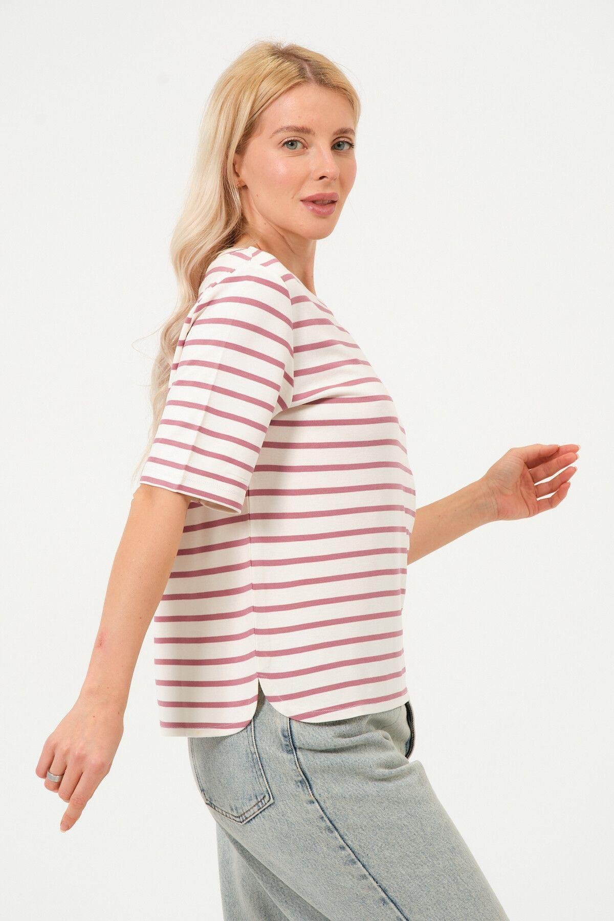Kadın Çizgili Tişört Oversize T-shirt