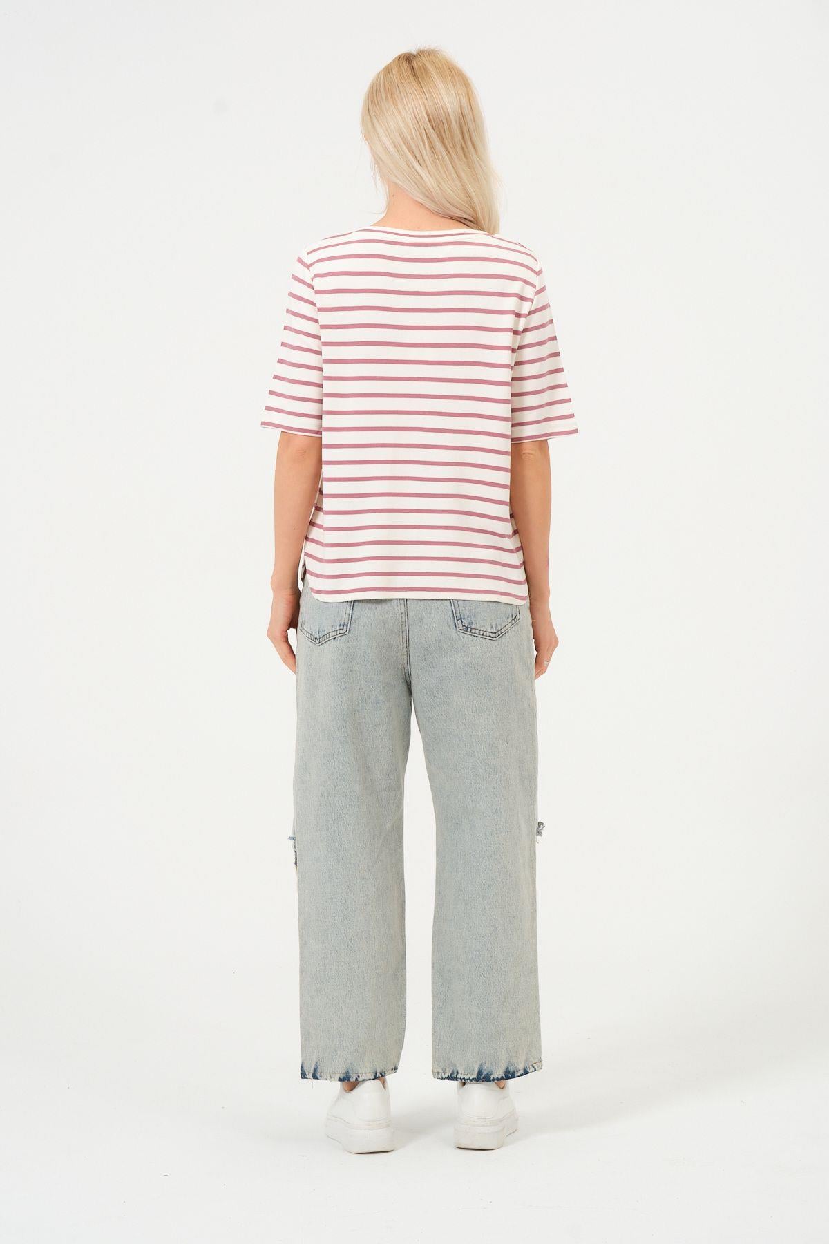 Kadın Çizgili Tişört Oversize T-shirt