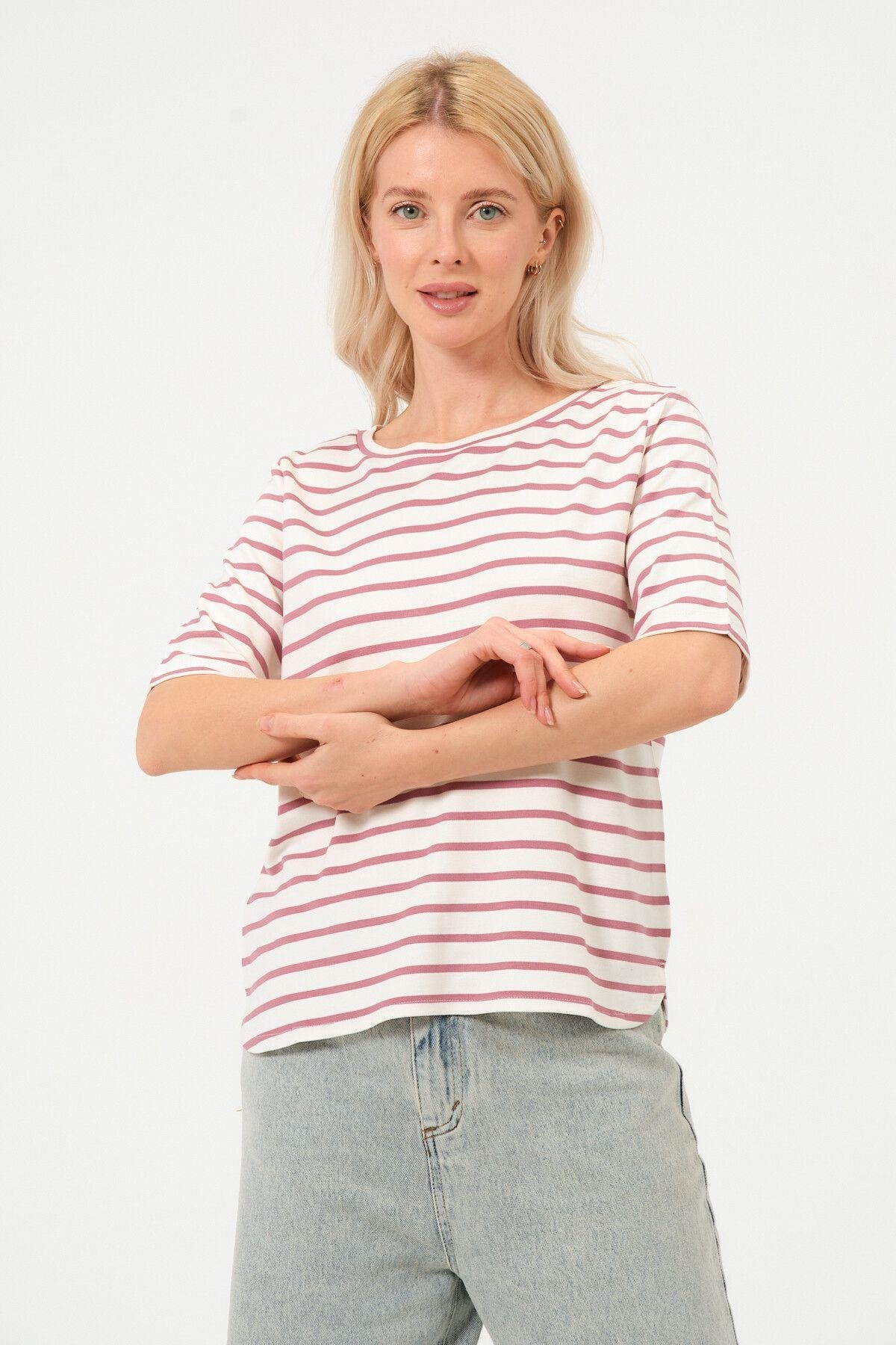 Kadın Çizgili Tişört Oversize T-shirt