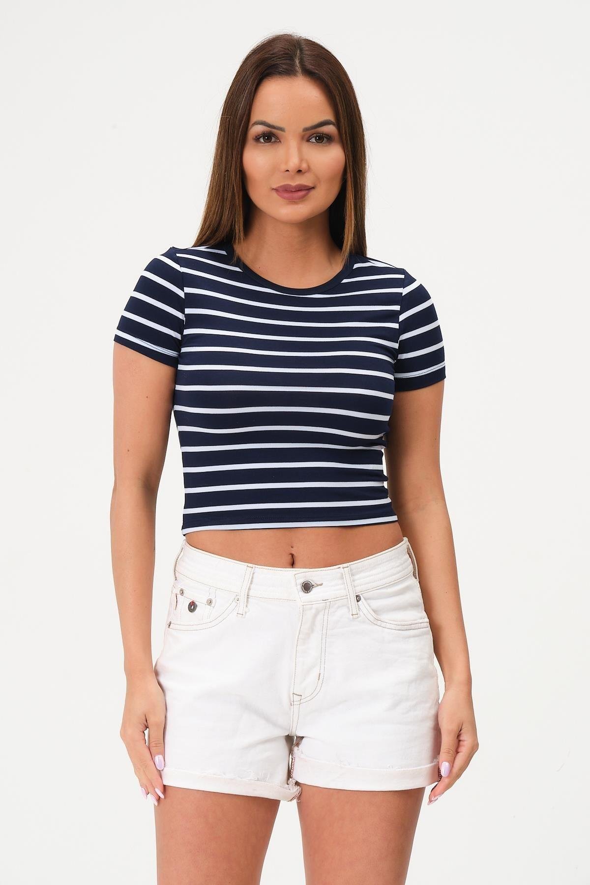 Kadın Crop Bluz Bisiklet Yaka Krop
